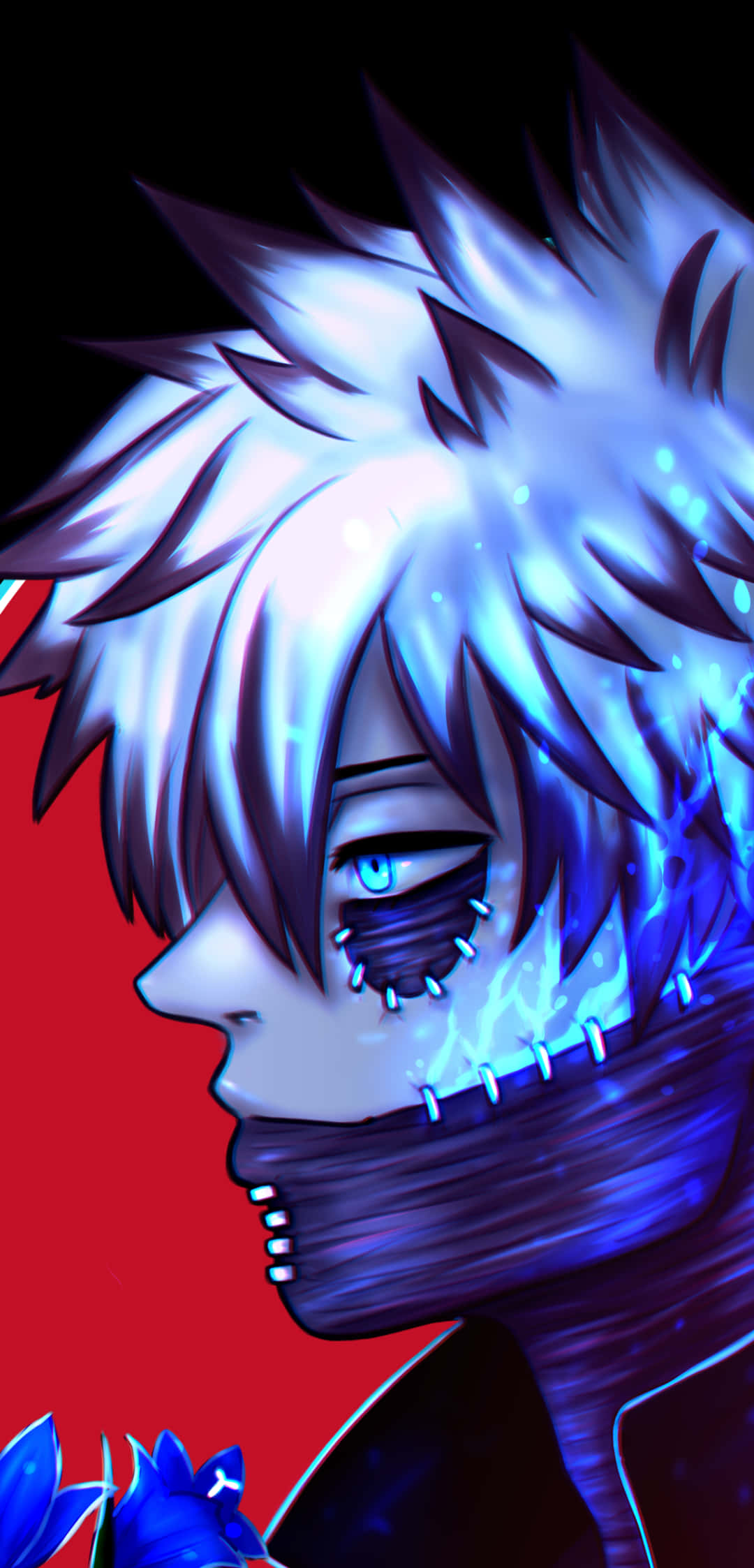 Dabi Boku No Hero 桌布 壁紙 — 一個風格化的動漫角色，擁有尖刺白髮和發光的藍色眼睛，背景是鮮豔的紅色。