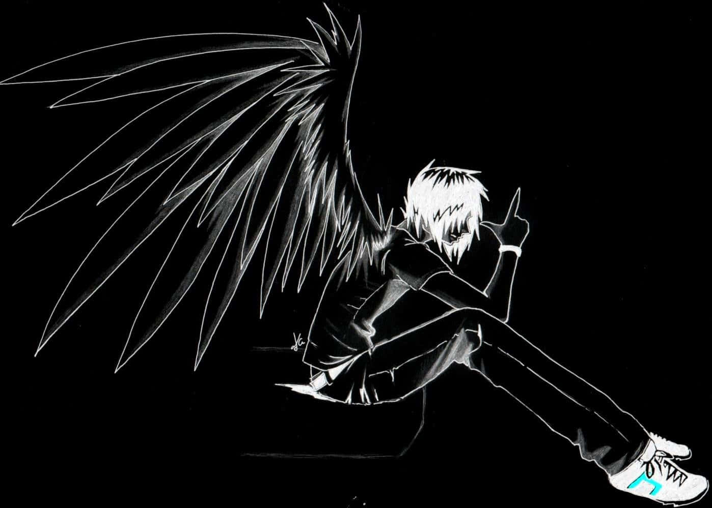 Emo Anime Boy 桌布 壁紙 — 一個風格化的動漫角色，擁有尖刺白髮和巨大的黑色翅膀，坐在黑暗虛空中，做出挑釁性的豎中指手勢。