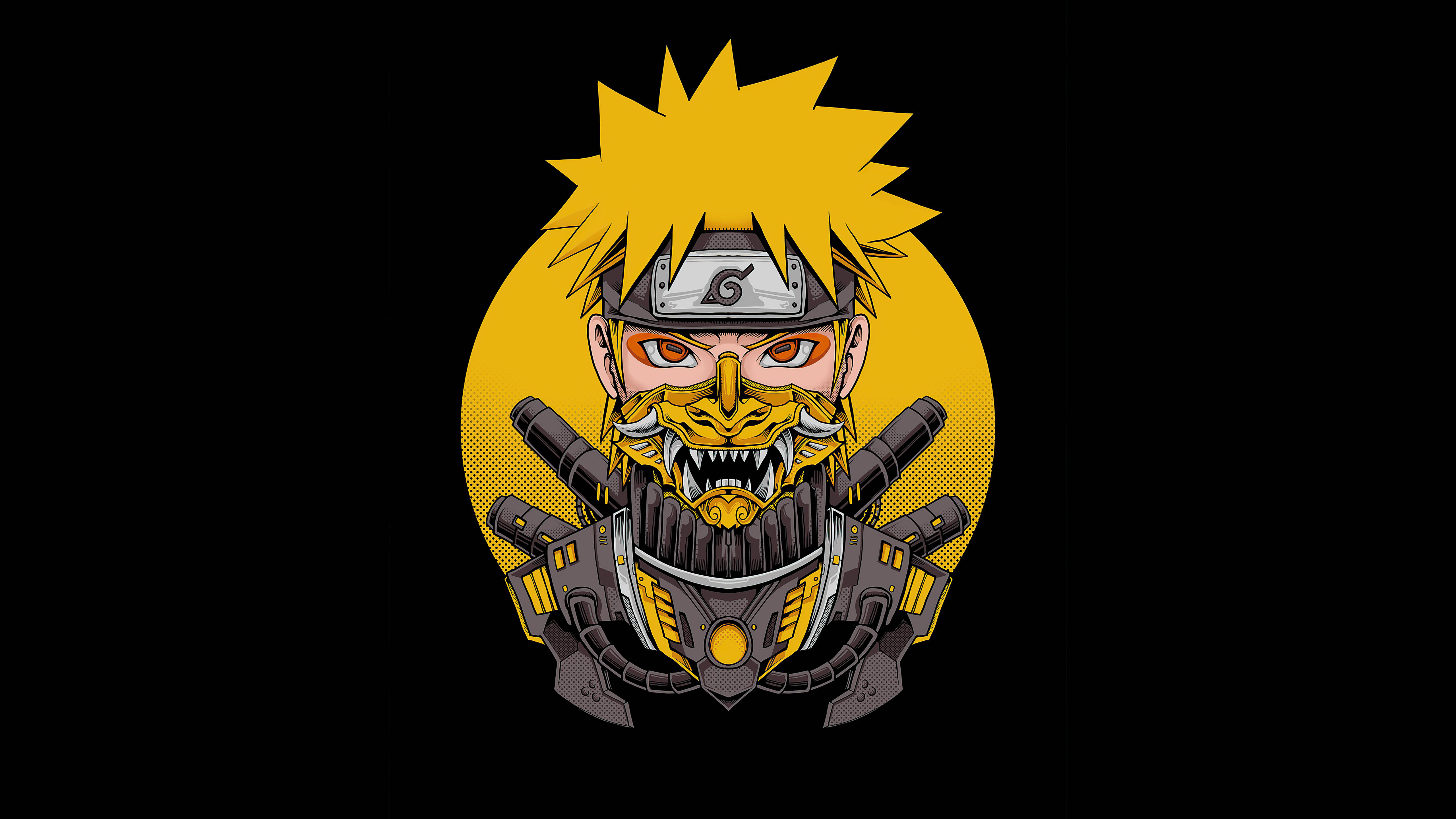 Yellow Naruto 桌布 壁紙 — 一個風格化的動漫角色，擁有尖刺的黃色頭髮和兇猛的面具，站在發光的黃色圓形背景前。