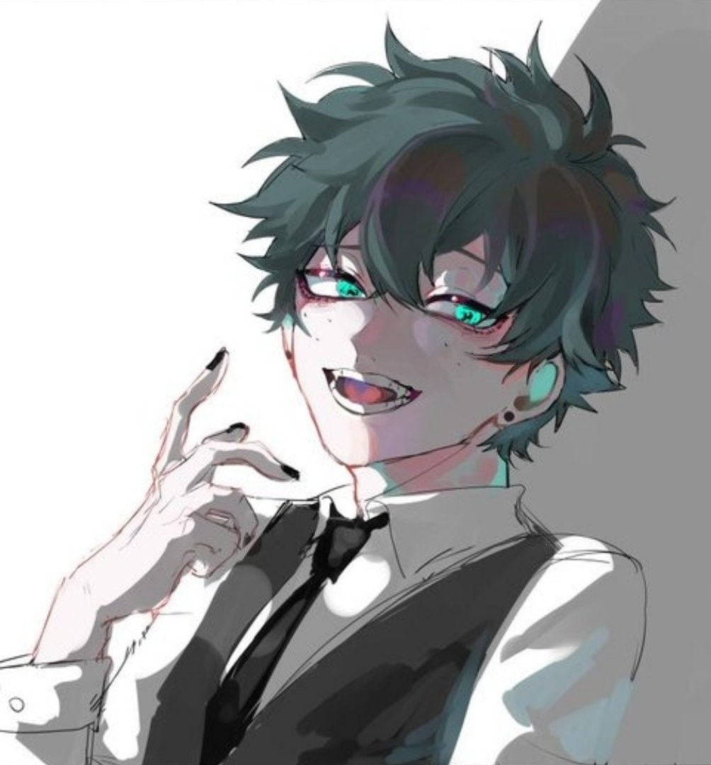 動漫男孩 桌布 壁紙 — 一個風格化的動漫角色，擁有尖刺的青色頭髮和發光的綠色眼睛，調皮地微笑著觸摸自己的臉。