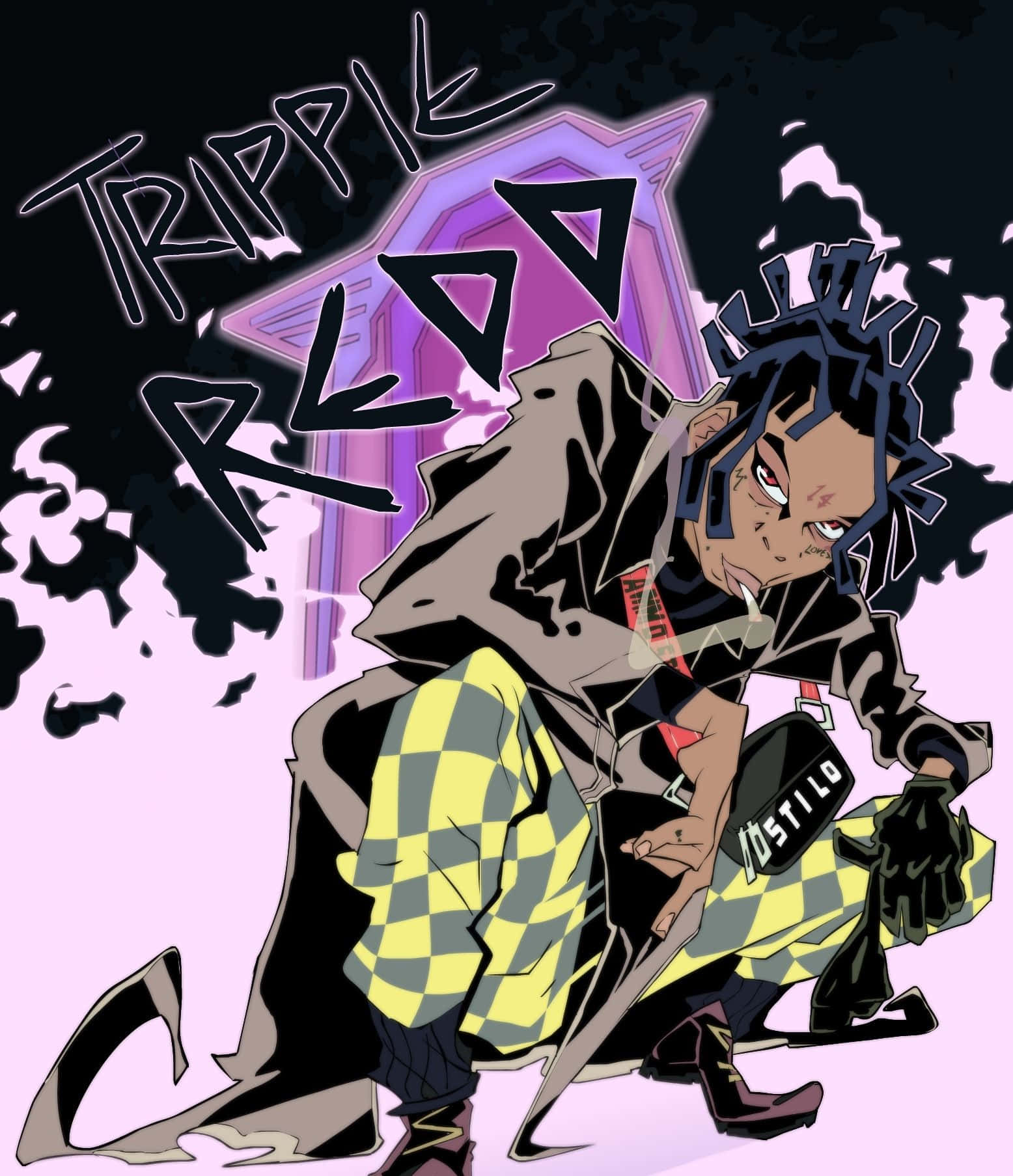 Ynw Melly Cartoon 桌布 壁紙 — 一個風格化的動漫角色，擁有尖刺的藍色頭髮和格紋服裝，在紫色星星和黑色煙霧背景下侵略性地蹲伏。