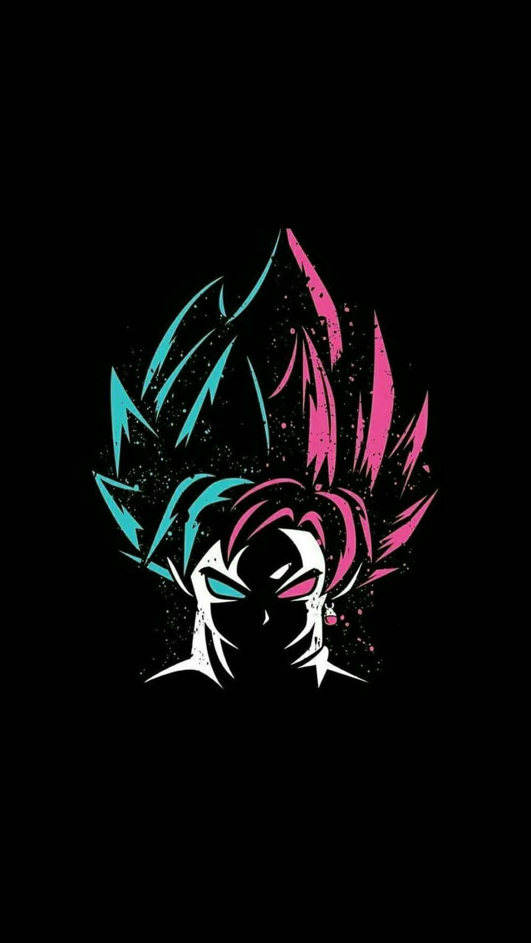 Dragon Ball iPhone 桌布 壁紙 — 一個風格化的動漫角色，擁有尖刺的青色和粉紅色頭髮，以及發光的眼睛，背景為黑色。