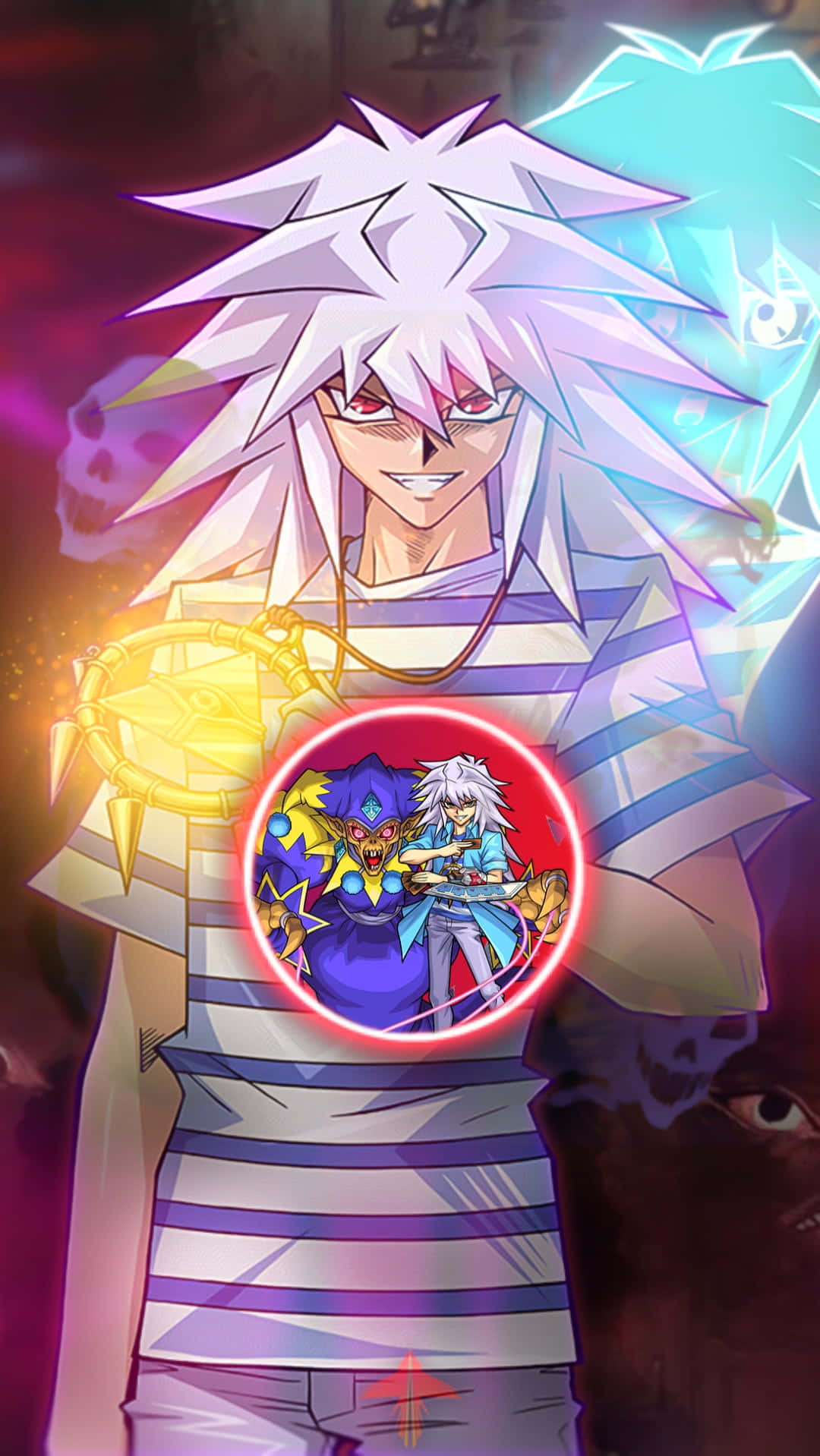 Yami Bakura 桌布 壁紙 — 一個風格化的動漫角色，擁有尖刺的白髮和紅色的眼睛，在黑暗神秘的背景下手持一個發光的球體，球體內有兩個較小的動漫人物。