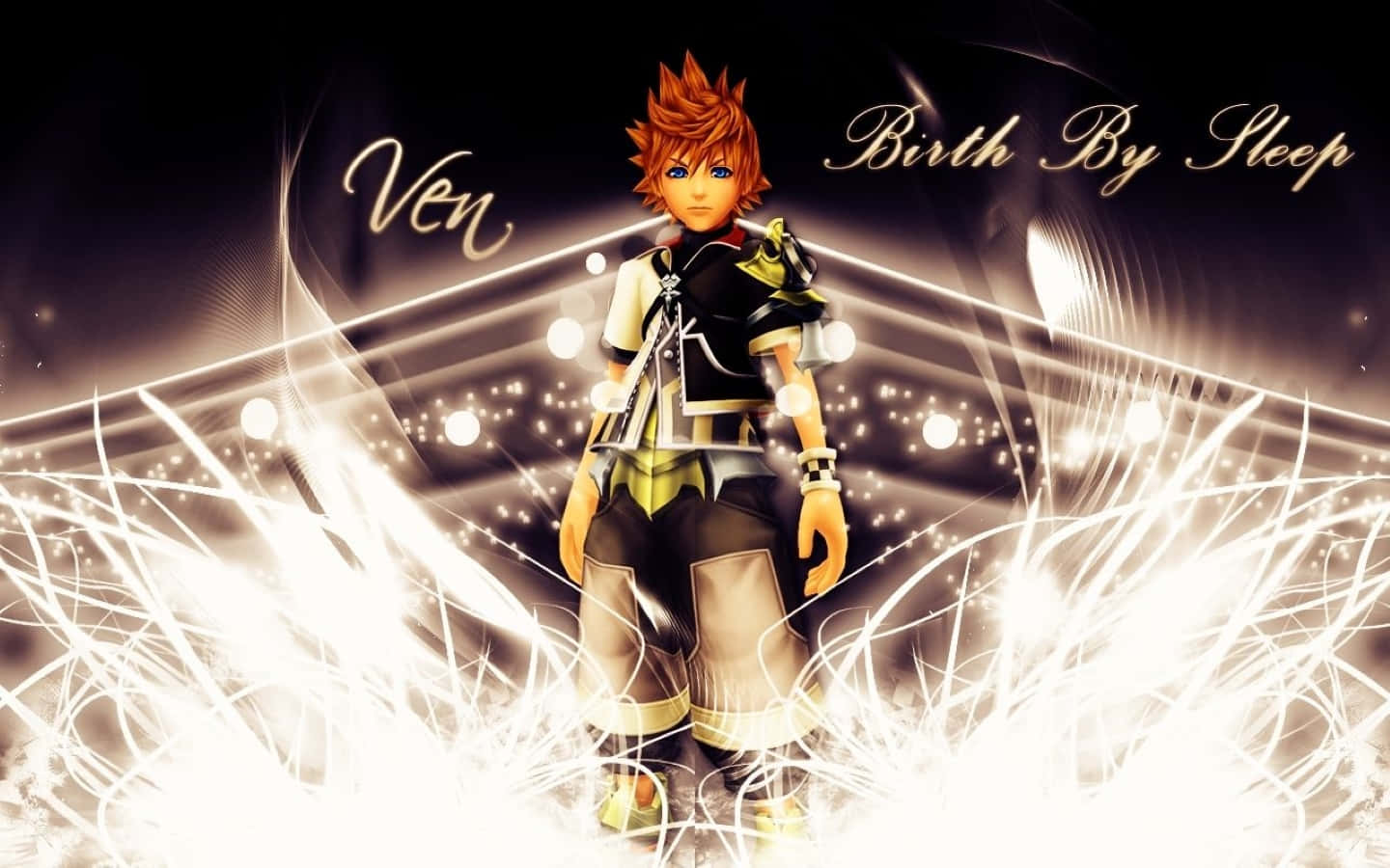Kingdom Hearts Ventus 桌布 壁紙 — 一個風格化的動漫角色，擁有尖刺的橙色頭髮，站在黑暗背景中發光的白色能量條之間。