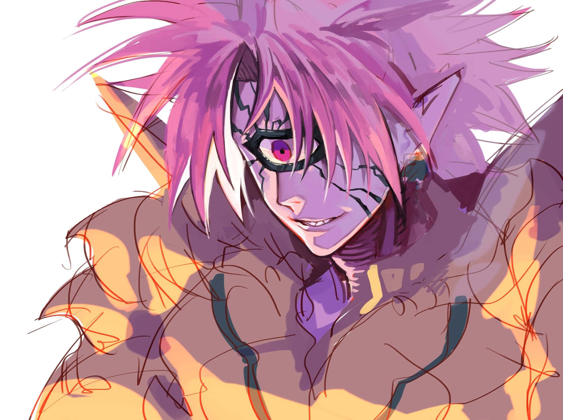 Lord Boros 桌布 壁紙 — 一個風格化的動漫角色，擁有尖刺的粉紅色頭髮和發光的紅色眼睛，在帶有火熱橙色點綴的白色背景上冷笑。