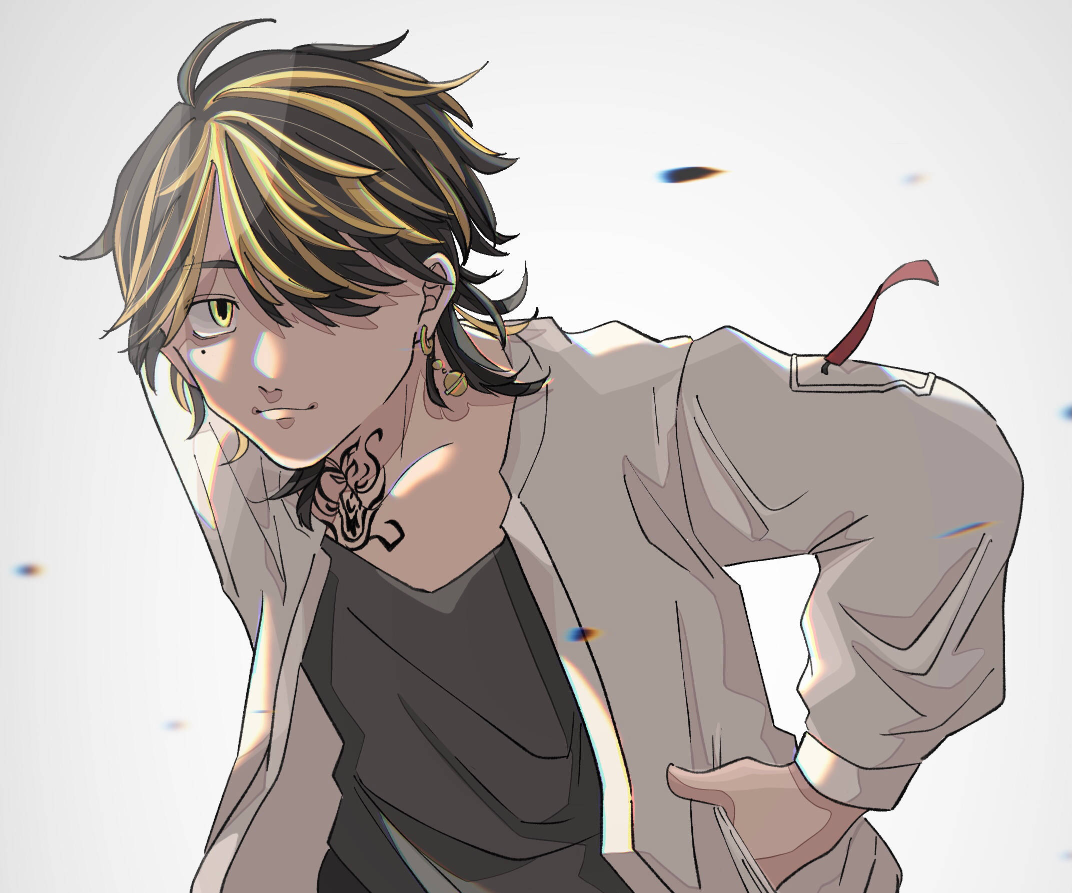 kazutora hanemiya 桌布 壁紙 — 一個風格化的動漫角色，擁有尖刺的金色和黑色頭髮，在純色背景前自信地微笑並向前傾。