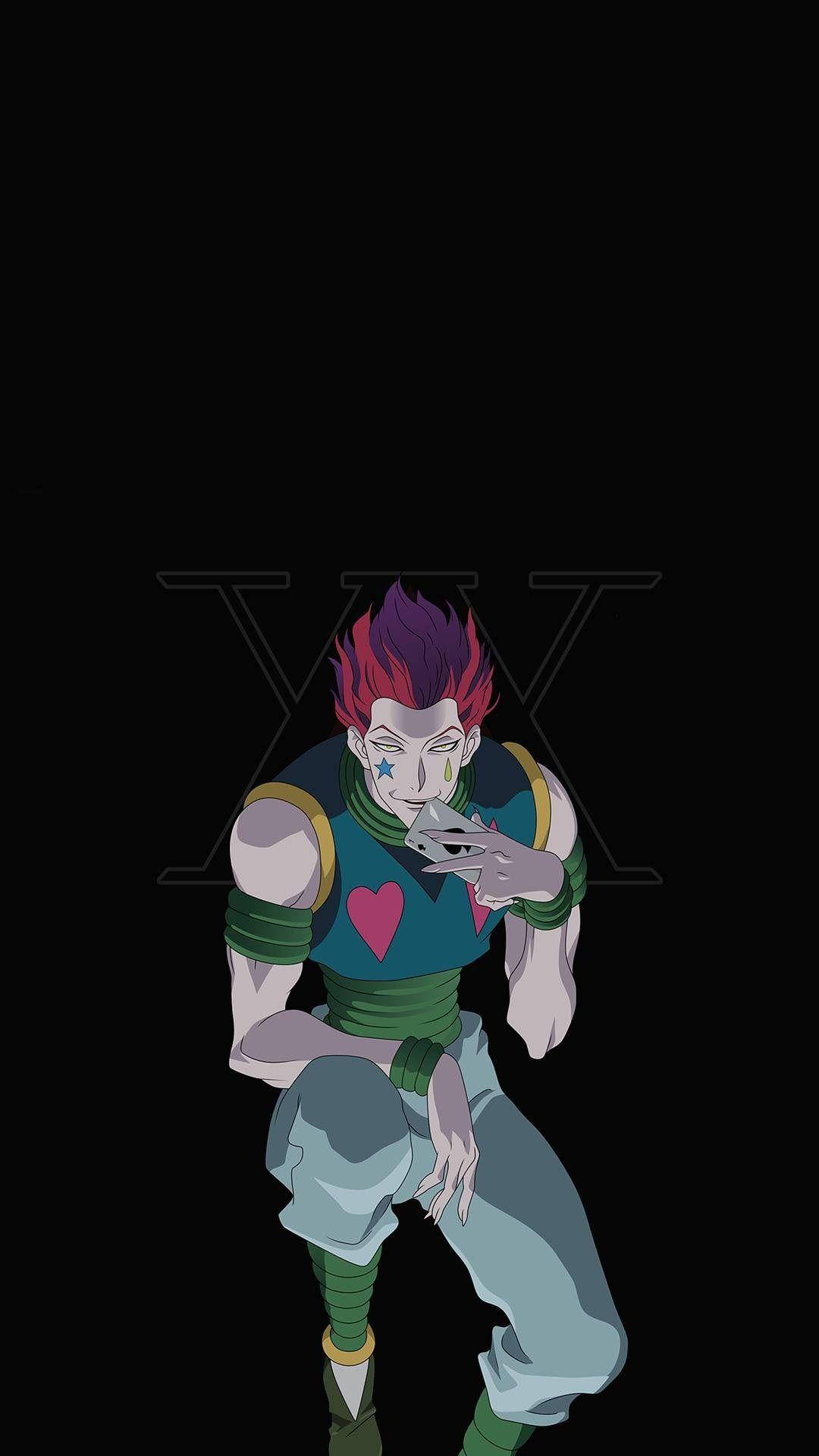 獵人 x 獵人 桌布 壁紙 — 一個風格化的動漫角色，擁有尖刺的紅色和紫色頭髮以及心形紋身，在黑色背景前擺姿勢。