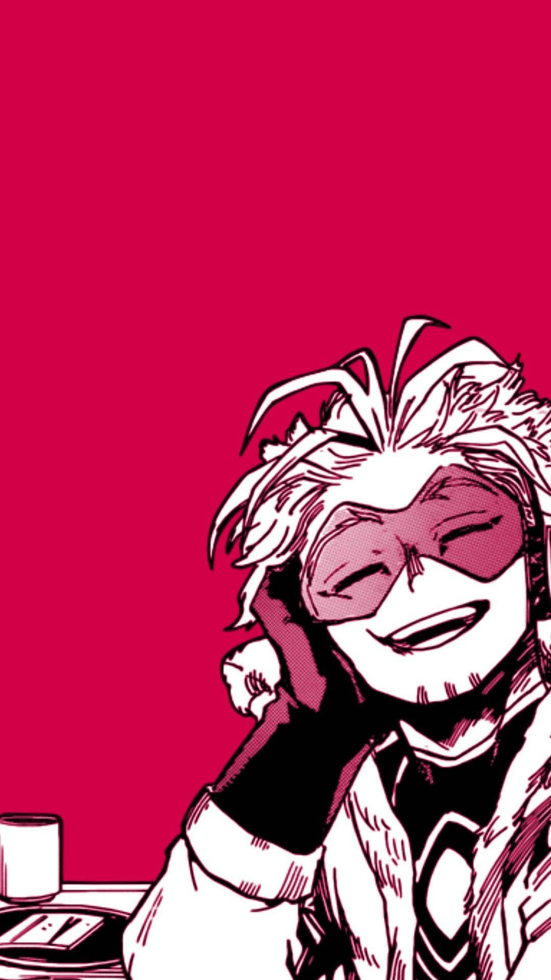 Hawks My Hero Academia 桌布 壁紙 — 一個風格化的動漫角色，擁有尖刺的白髮和面具，在純洋紅色背景上開心地咧嘴笑。