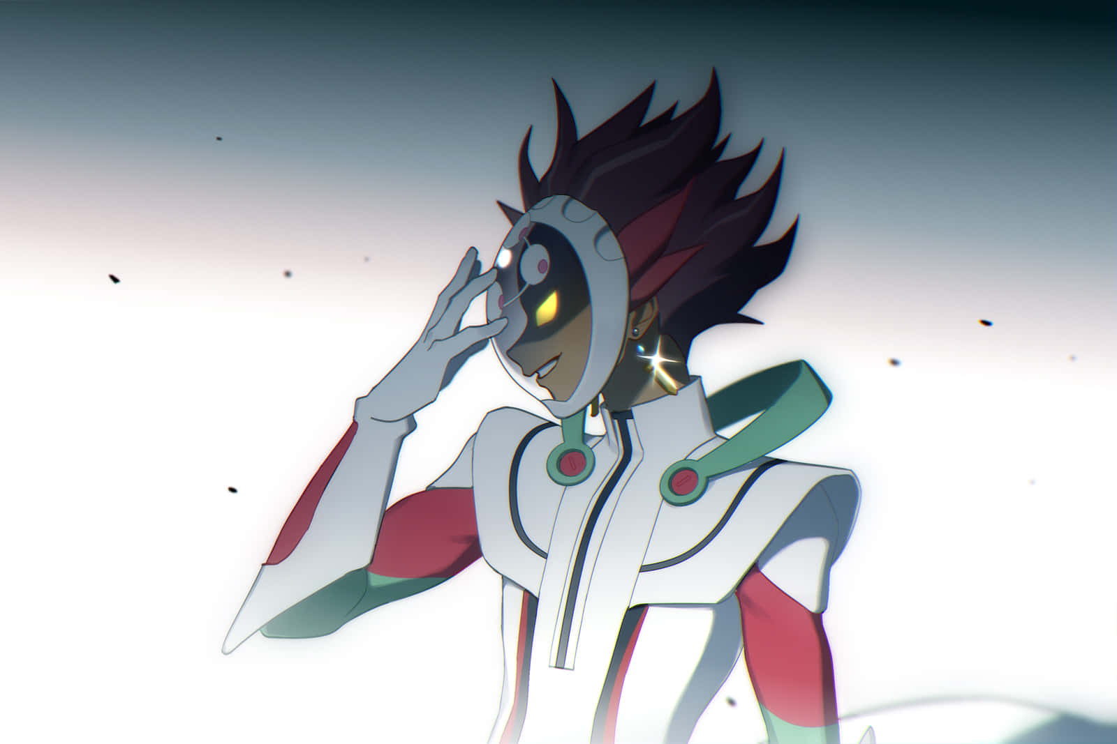 Ryoken Kogami 桌布 壁紙 — 一個風格化的動漫角色，擁有尖刺的深色頭髮和發光的眼罩，在明亮的漸變背景前調整裝備。