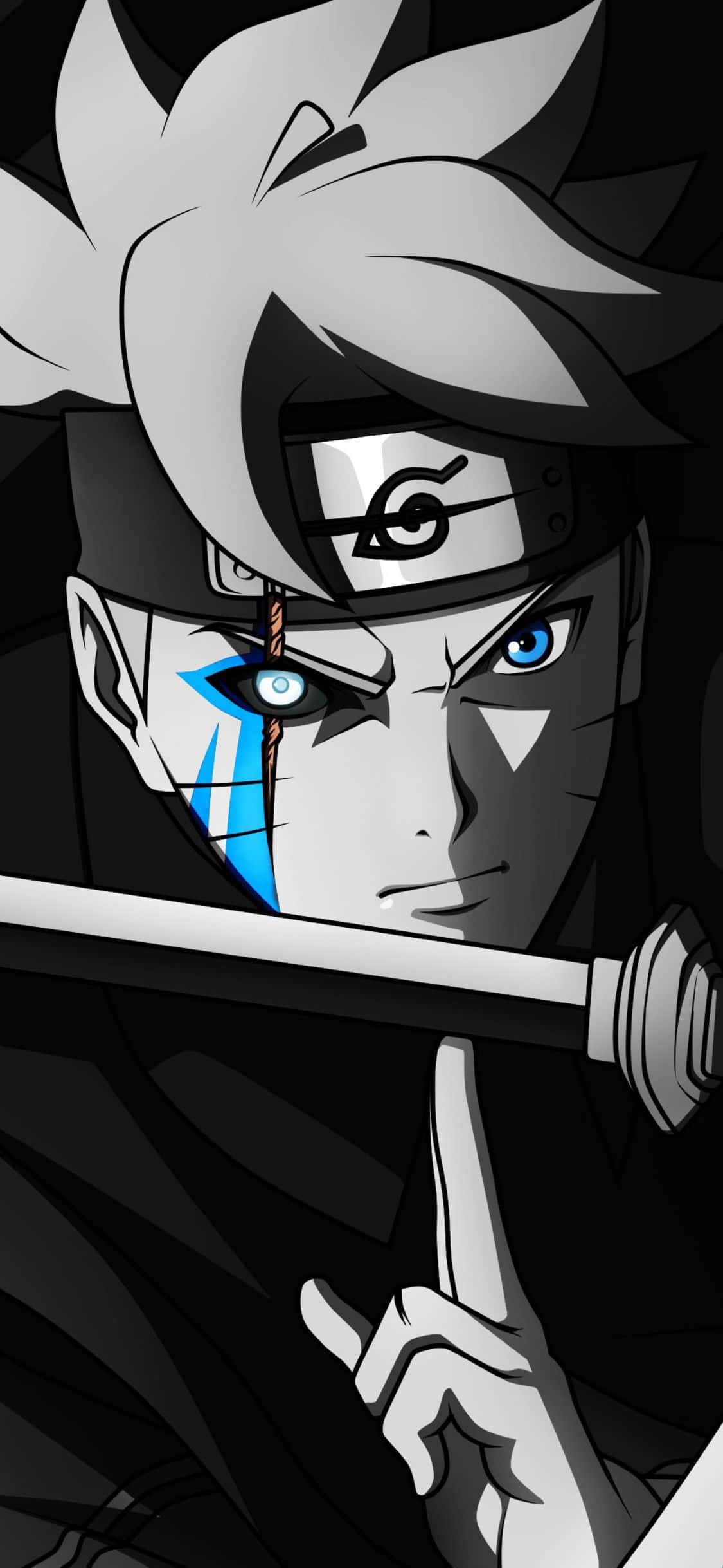 Boruto Naruto Next Generations 桌布 壁紙 — 一個風格化的動漫角色，擁有尖刺的白髮、藍色眼睛和頭帶，在黑暗背景前手持劍並向前指著手指。