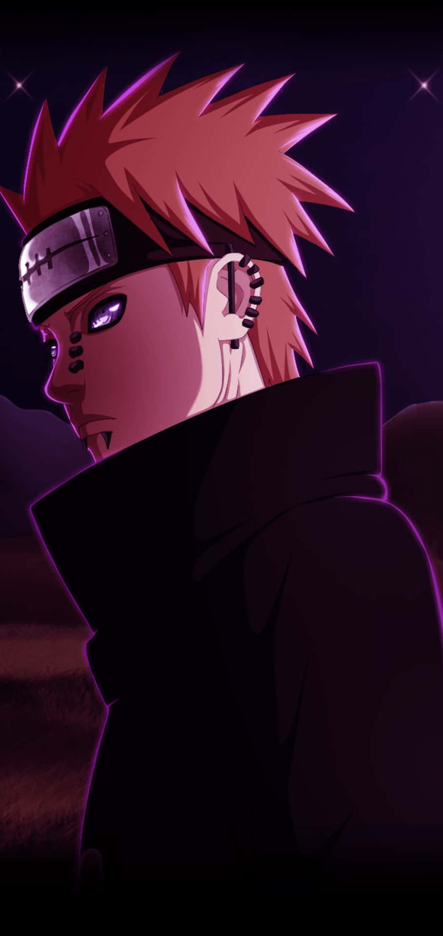 Akatsuki Yahiko 桌布 壁紙 — 一個風格化的動漫角色，擁有尖刺的紅髮和紫色眼睛，在深紫色夜空下凝視著閃爍的星星。