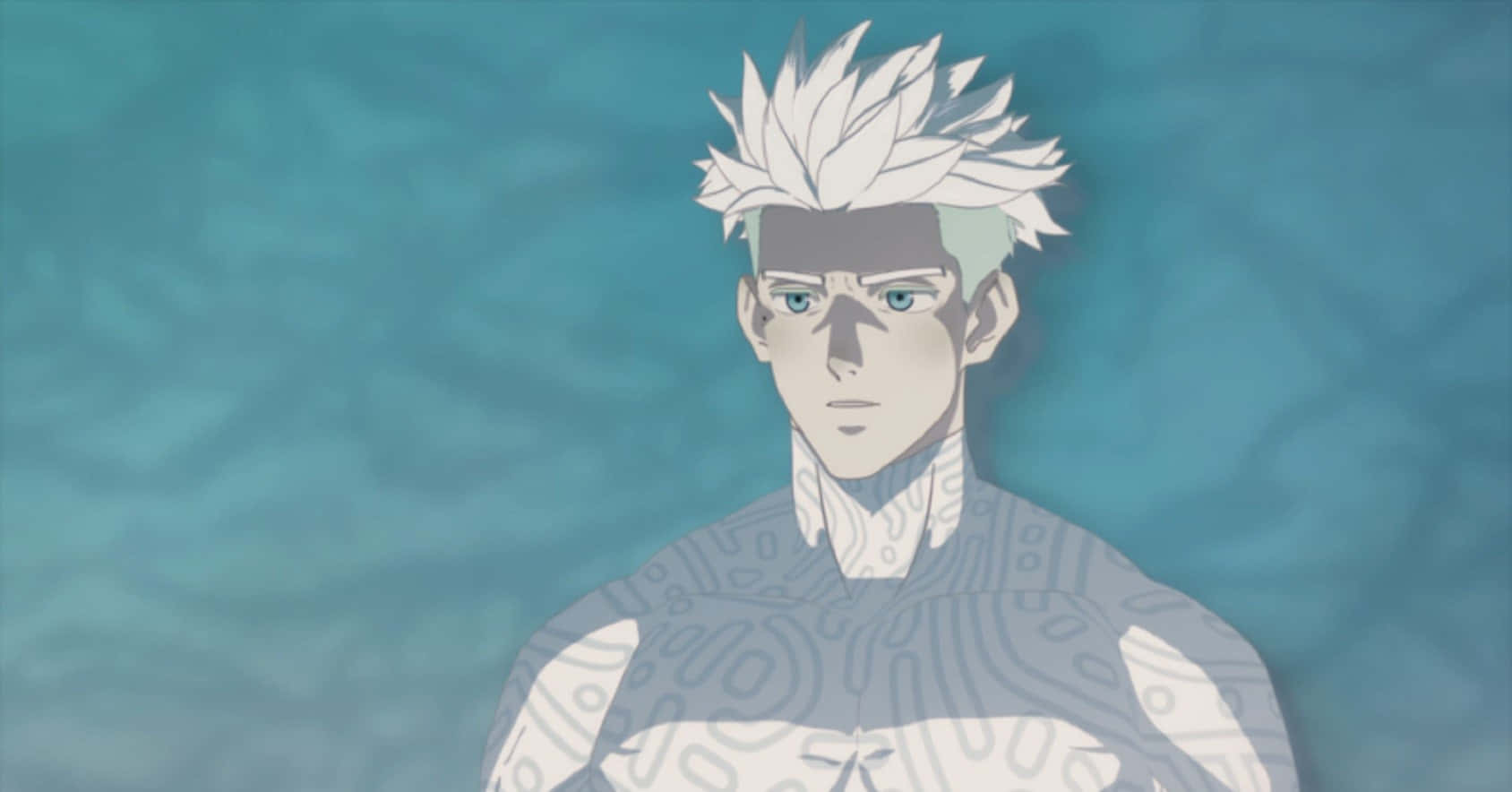 Trigun Millions Knives 桌布 壁紙 — 一個風格化的動漫角色，擁有尖刺的白髮和複雜的灰色刺青，站在帶有紋理的青綠色背景前。