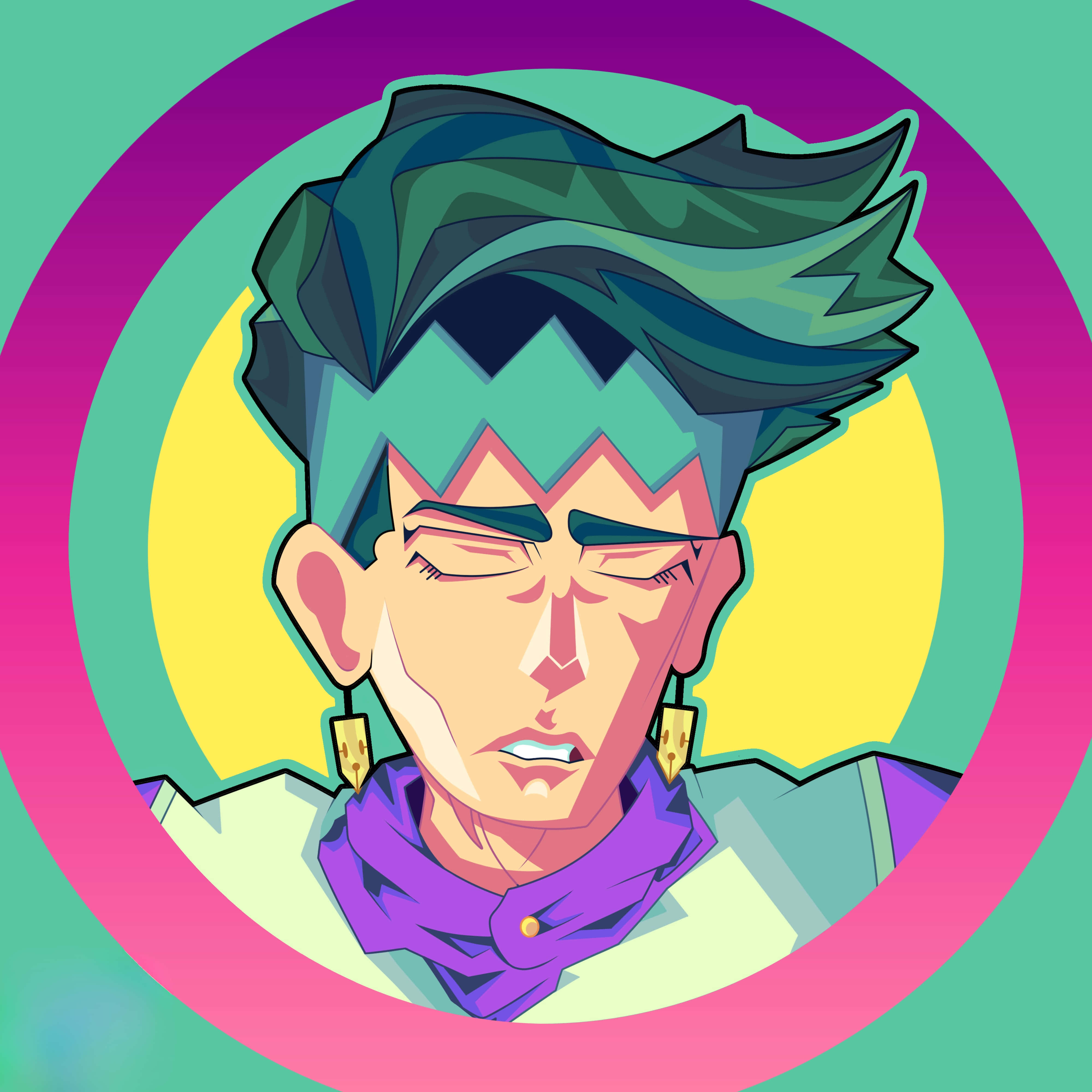 Rohan Kishibe 桌布 壁紙 — 一個風格化的動漫角色，擁有尖刺的藍綠色頭髮和紫色圍巾，背景是充滿活力的圓形漸變。