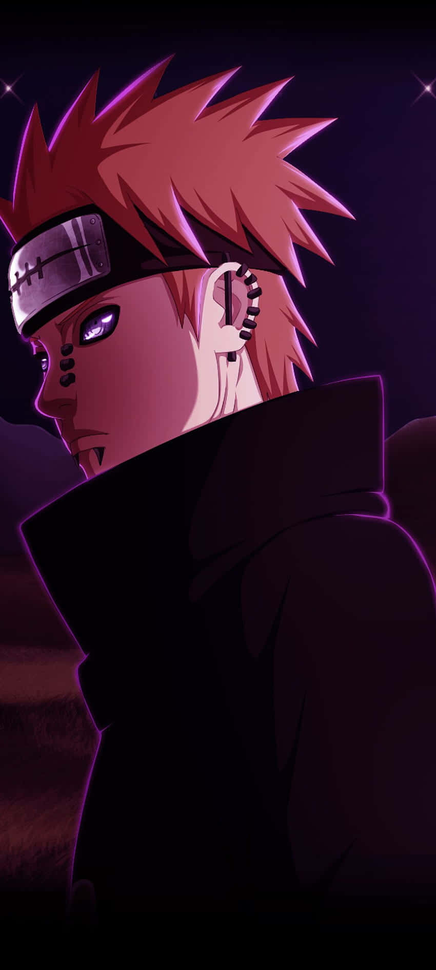 Naruto Aesthetic Phone 桌布 壁紙 — 一個風格化的動漫角色，擁有尖刺的紅髮和紫色眼睛，在深紫色星空背景下專注地凝視。