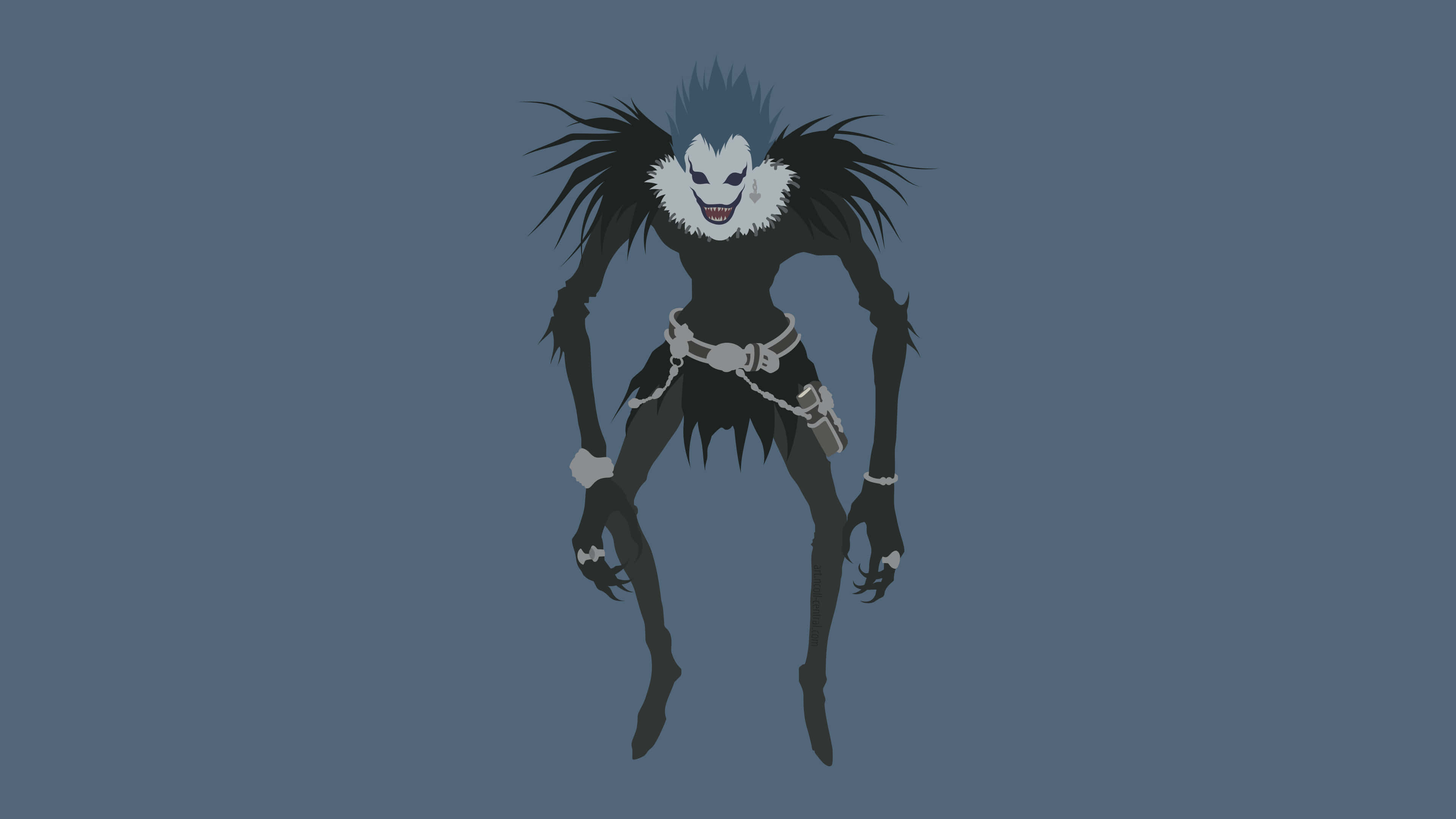 Death Note 4K 桌布 壁紙 — 一個風格化的動漫角色，擁有尖刺的藍色頭髮和白色荷葉邊領子，站在純藍灰色背景前。