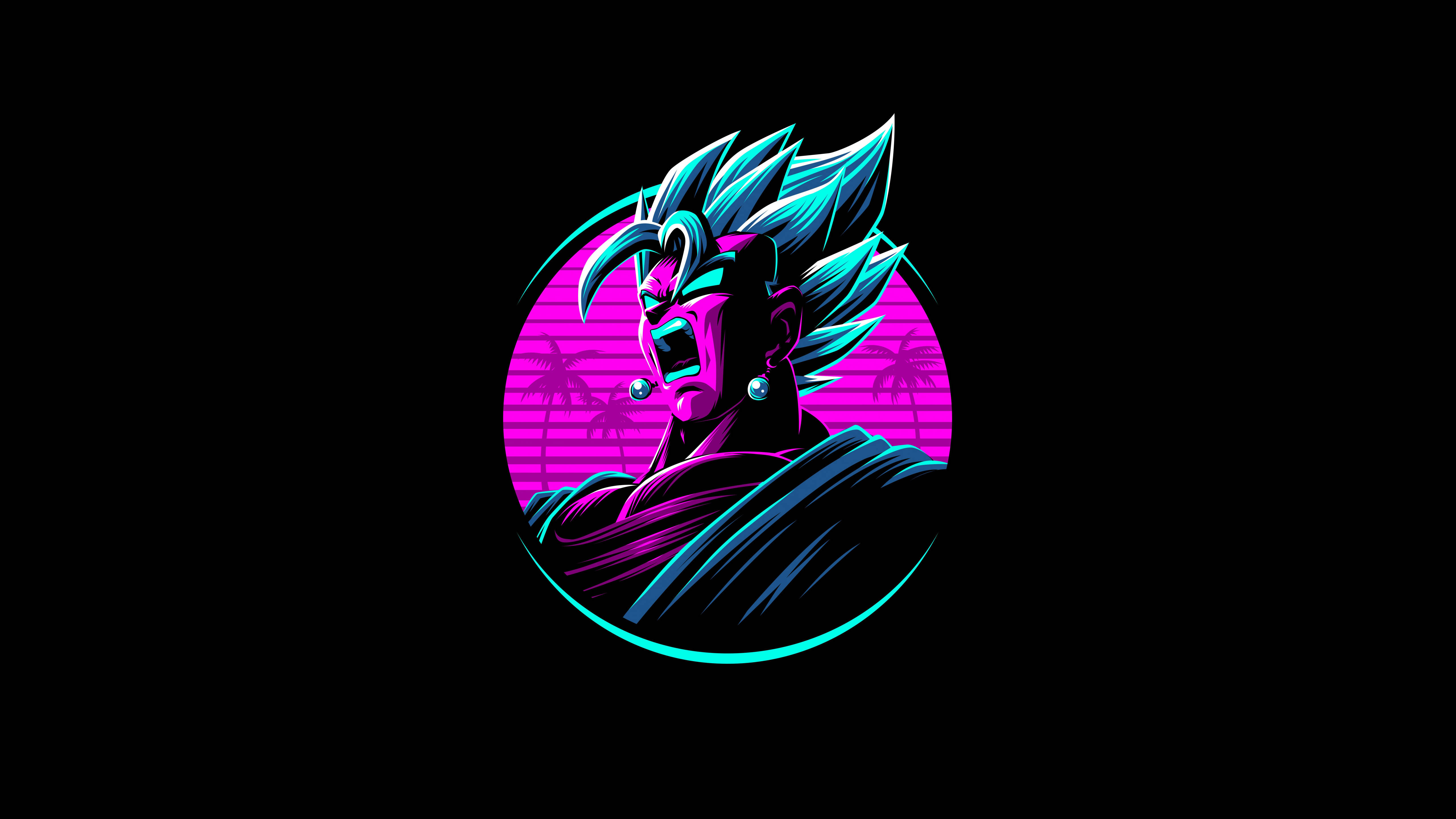 Vegito 桌布 壁紙 — 一個風格化的動漫角色，擁有尖刺的藍色頭髮，對著帶有棕櫚樹的霓虹粉紅色日落咆哮。