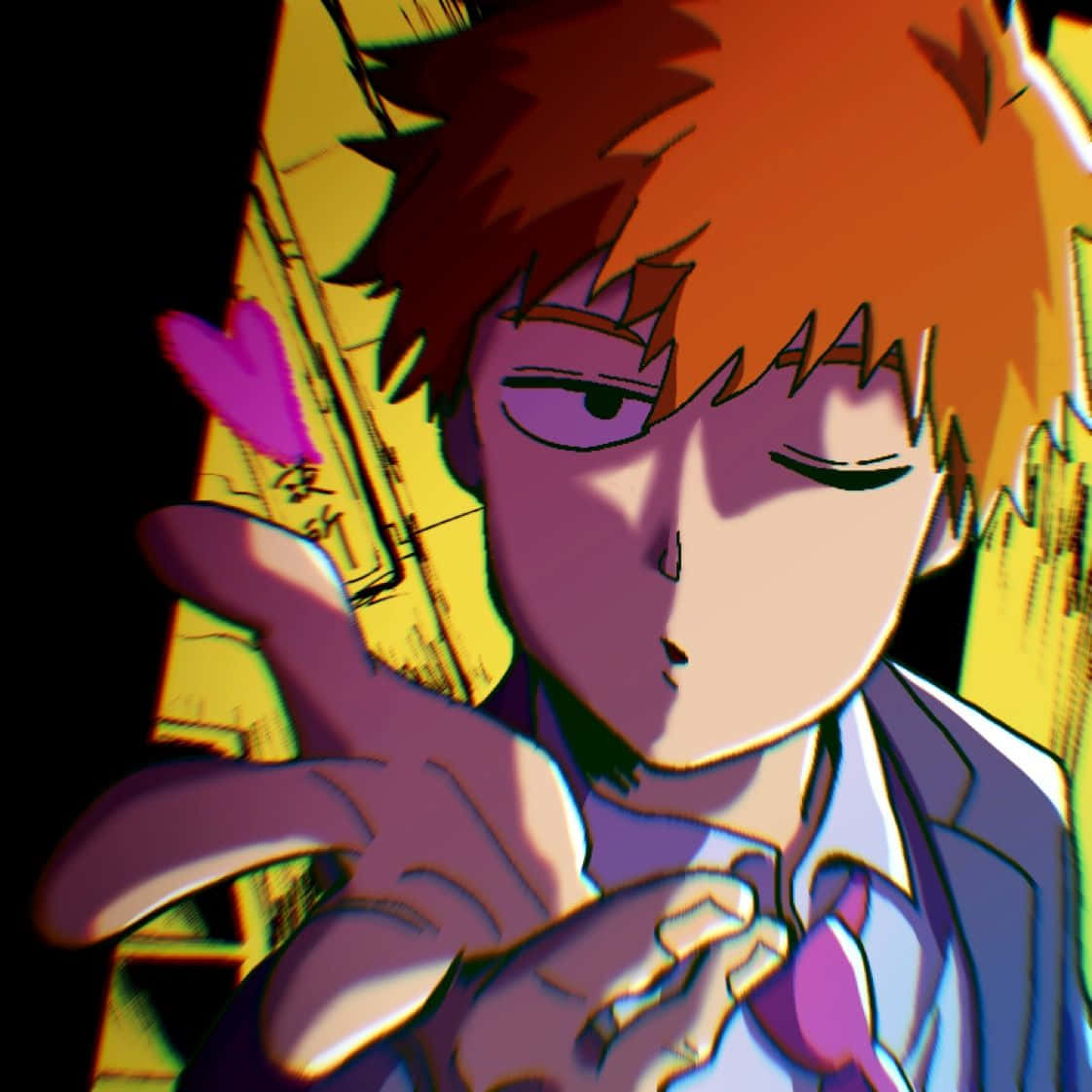 Arataka Reigen 桌布 壁紙 — 一個風格化的動漫角色，擁有尖刺的橙色頭髮和紫色眼睛，在充滿活力的黃色背景前做出俏皮的手勢。