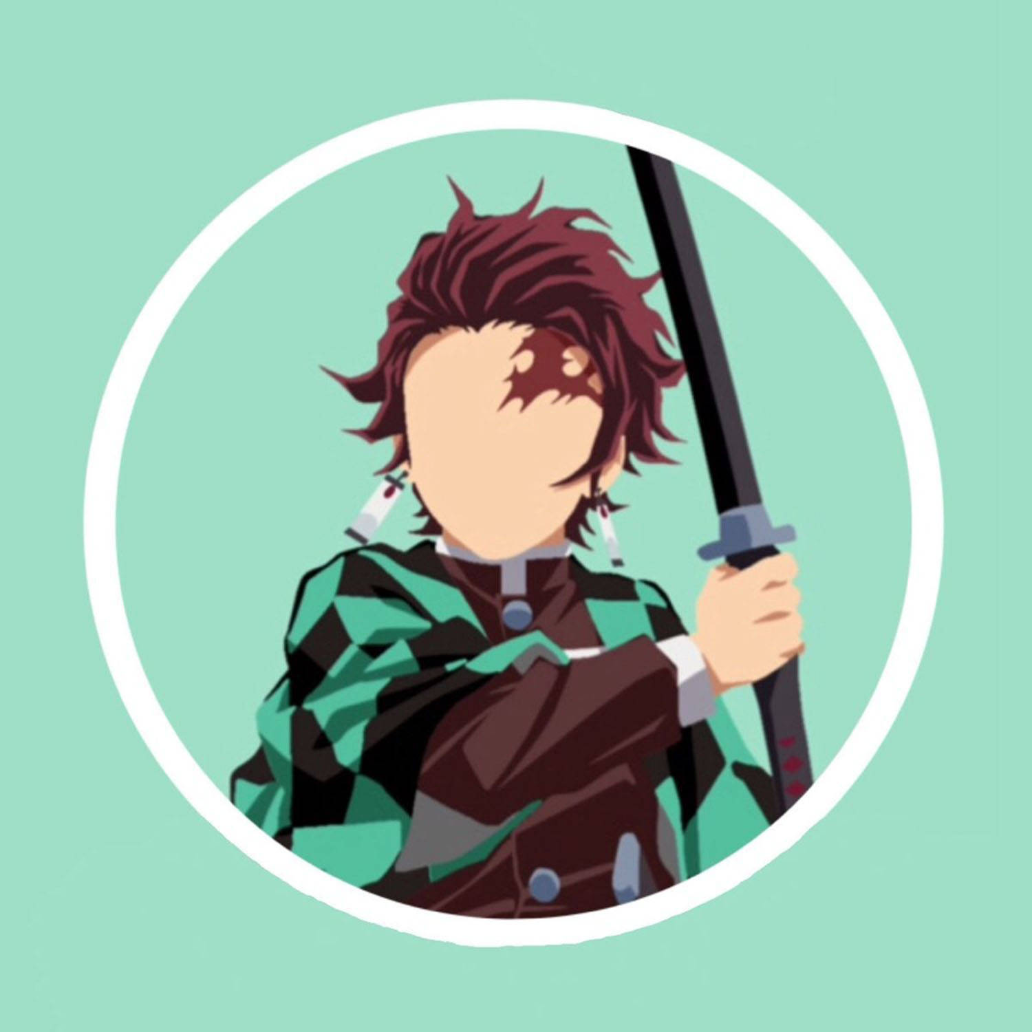 tanjiro pfp 桌布 壁紙 — 一個風格化的動漫角色，擁有尖刺的紅髮和綠色格紋和服，在薄荷綠圓形背景前手持一把劍。