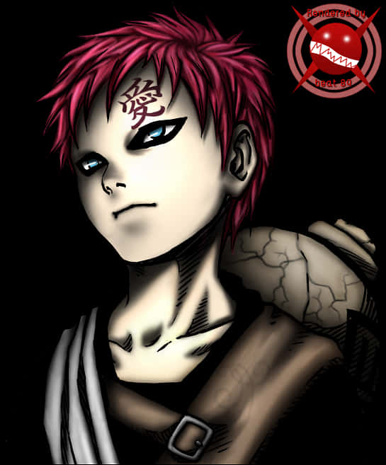 Gaara Naruto Anime 桌布 壁紙 — 一個風格化的動漫角色，擁有尖刺的粉紅色頭髮和額頭上的漢字刺青，在黑色背景下強烈凝視。