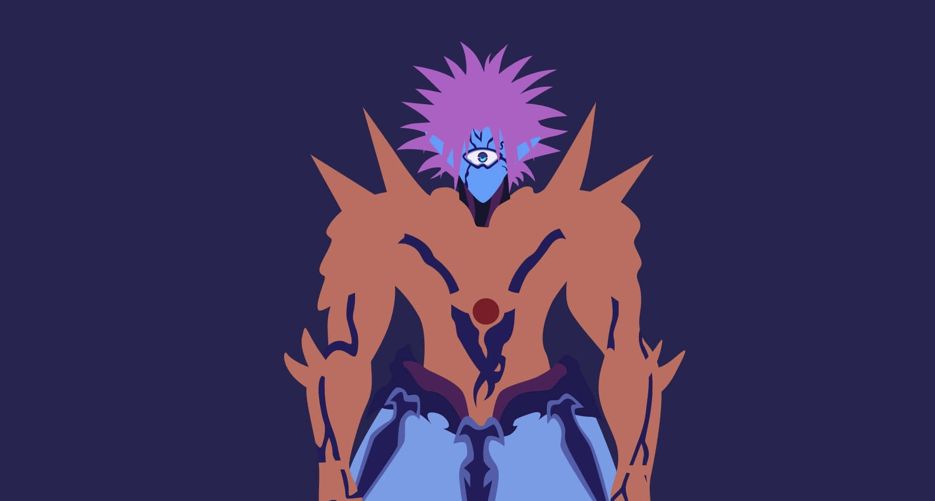 Lord Boros 桌布 壁紙 — 一個風格化的動漫角色，擁有尖刺的紫色頭髮和一隻眼睛，站在深藍色背景前。
