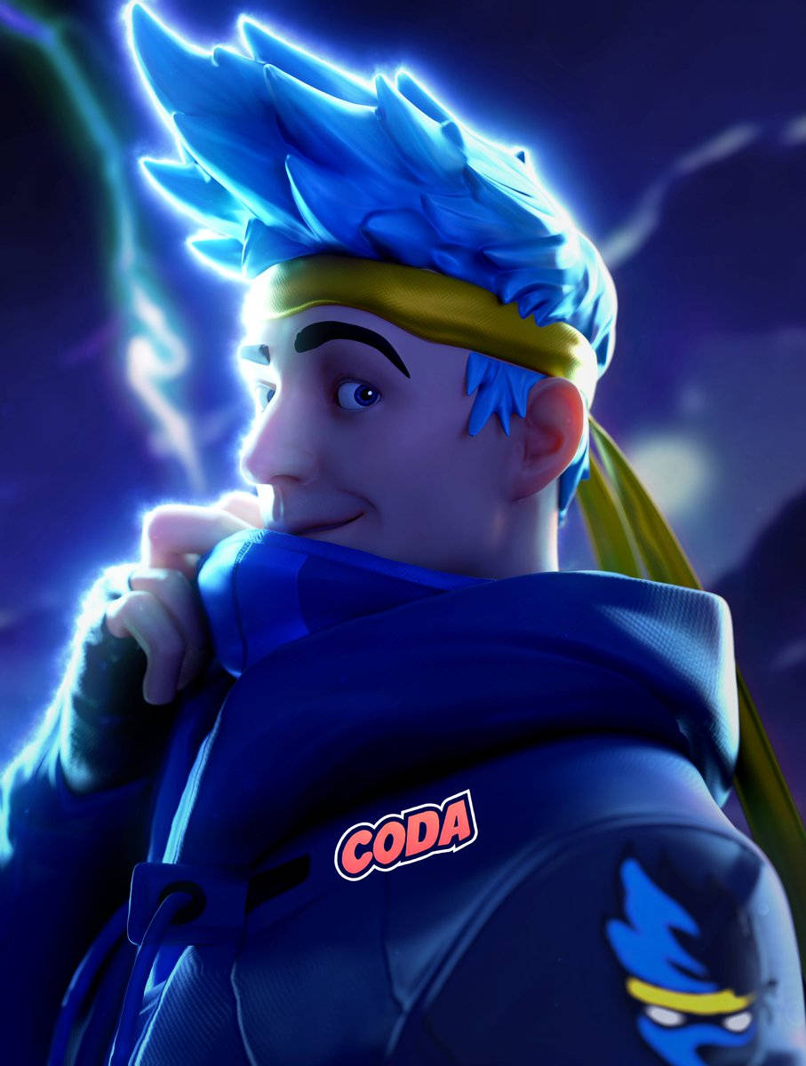 Ninja Fortnite 桌布 壁紙 — 一個風格化的動漫角色，擁有尖刺的藍色頭髮和黃色頭帶，在深紫色背景上發光。