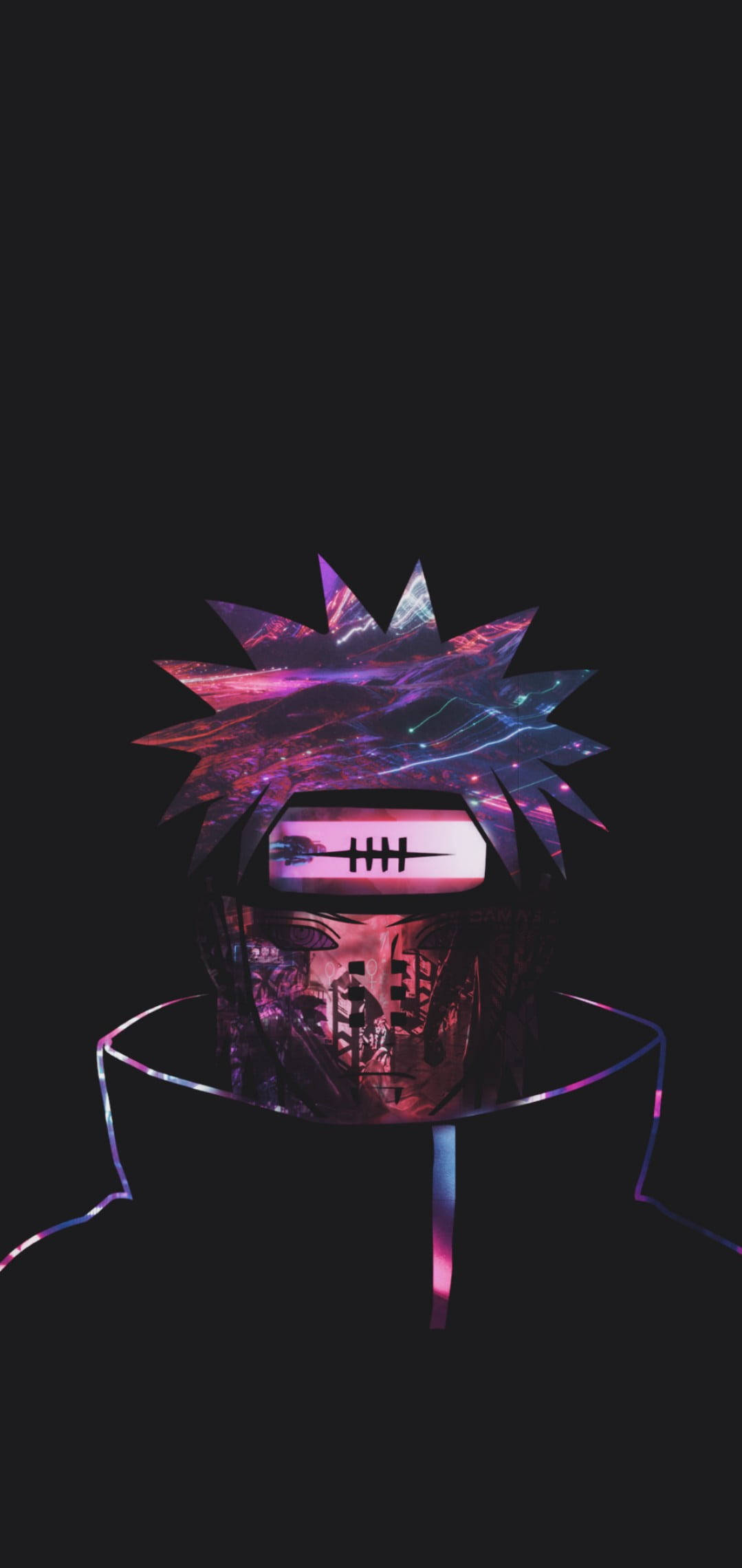 桌布 壁紙 — 一個風格化的動漫角色，擁有尖刺的紫色頭髮和發光的眼睛，背景為深色。