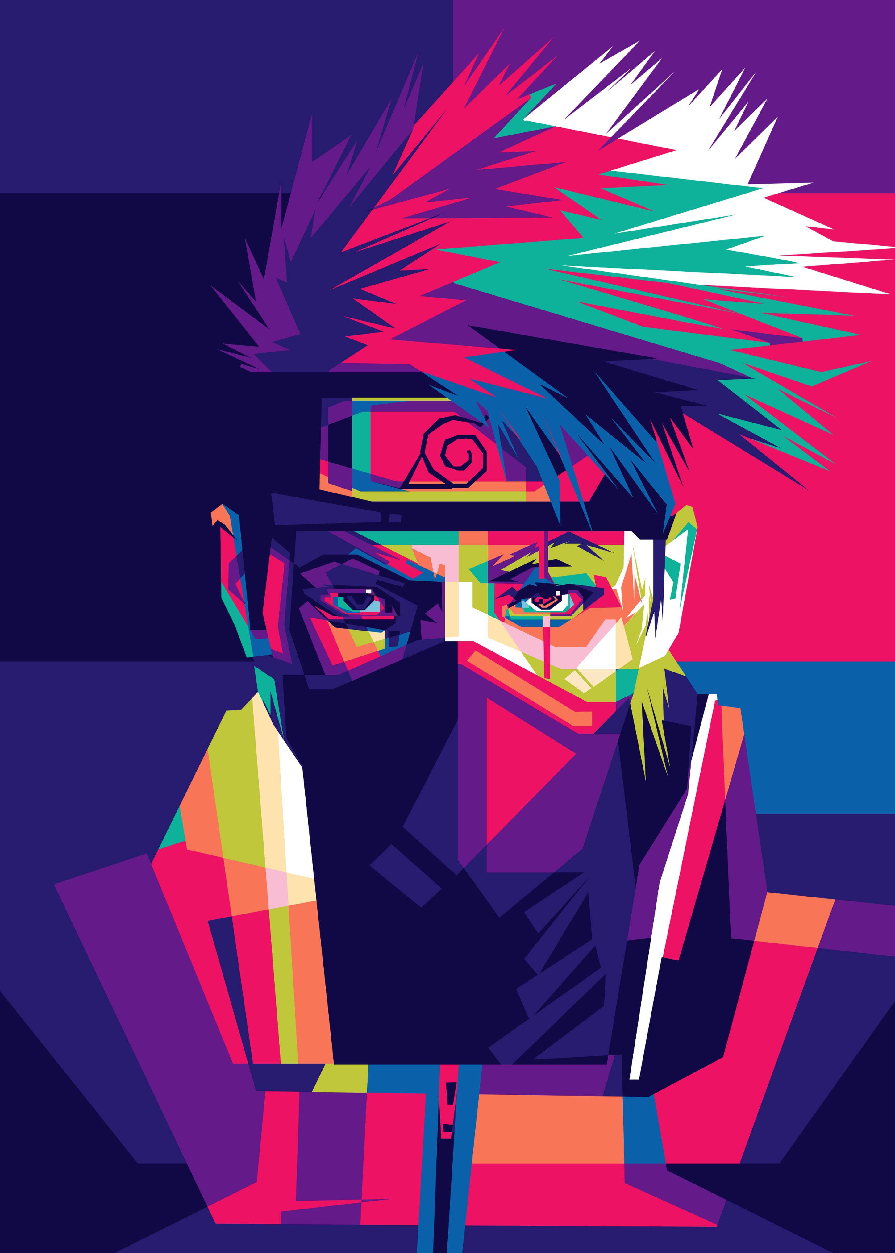 kakashi pfp 桌布 壁紙 — 一個風格化的動漫角色，擁有尖刺的多色頭髮和面具，以鮮豔的紫色和粉紅色背景襯托出大膽的幾何形狀。