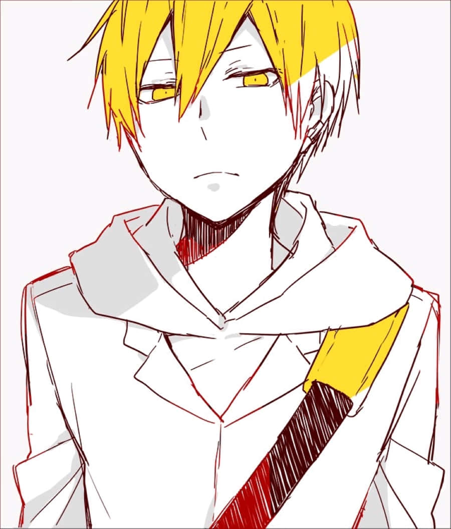 Masaomi Kida 桌布 壁紙 — 一個風格化的動漫角色，擁有尖刺的黃色頭髮和強烈的黃色眼睛，穿著帶有紅色和黃色點綴的白色外套，背景為純色。