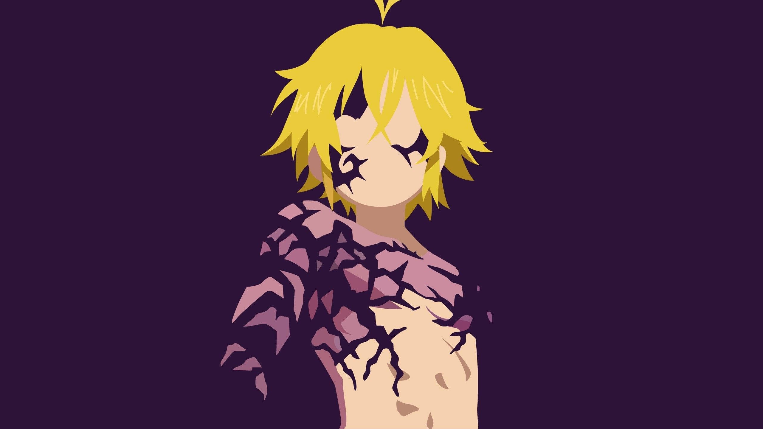 Meliodas 桌布 壁紙 — 一個風格化的動漫角色，擁有尖刺的黃色頭髮和破裂的紫色盔甲，背景為深紫色。