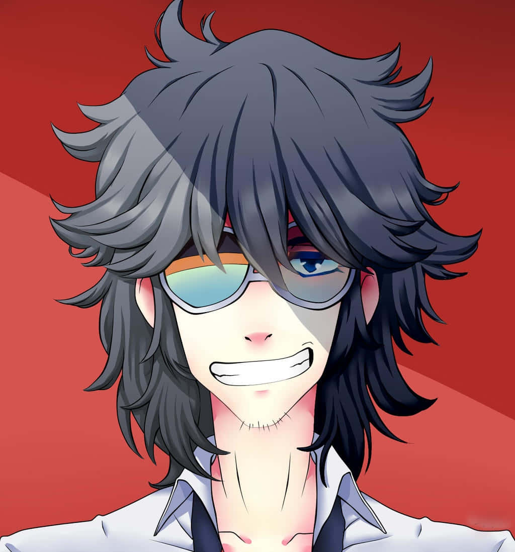 Aikuro Mikisugi 桌布 壁紙 — 一個風格化的動漫角色，擁有尖刺的深色頭髮和太陽眼鏡，在鮮明的紅色背景上咧嘴笑。