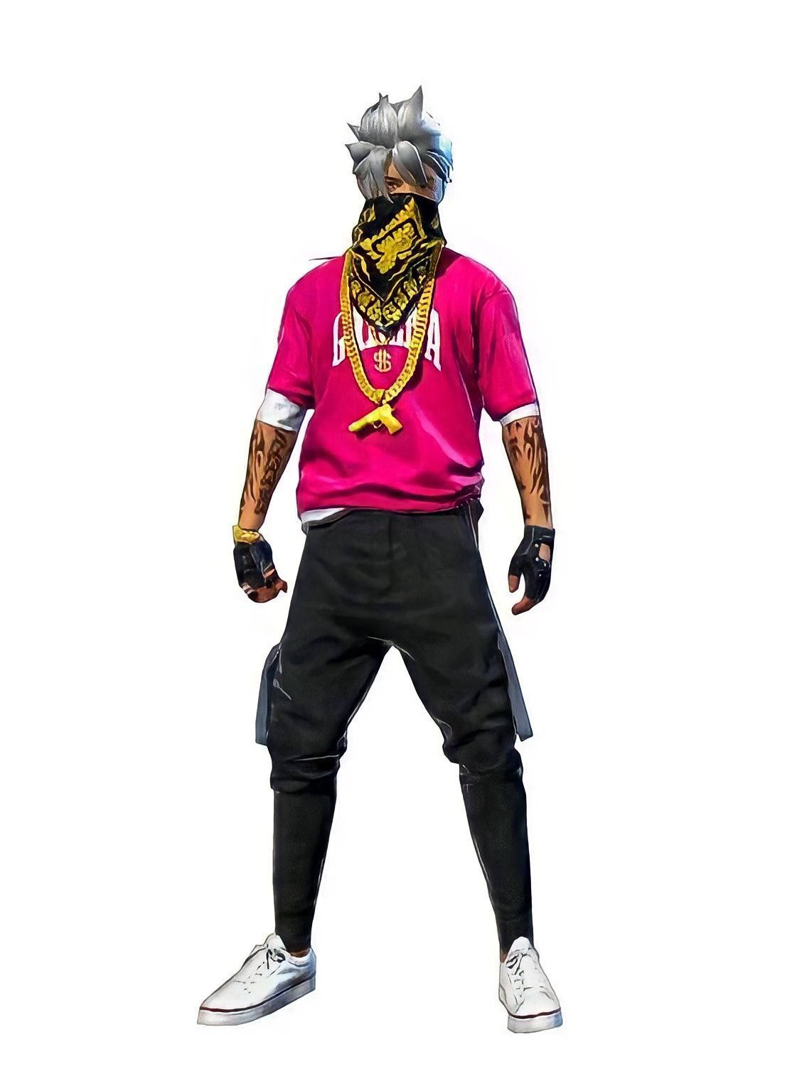 Free Fire 嘻哈套裝 桌布 壁紙 — 一個風格化的動漫角色，擁有尖刺的銀色頭髮和黑色頭巾，穿著亮粉色襯衫、黑色褲子和白色運動鞋，以自信的姿勢站立。