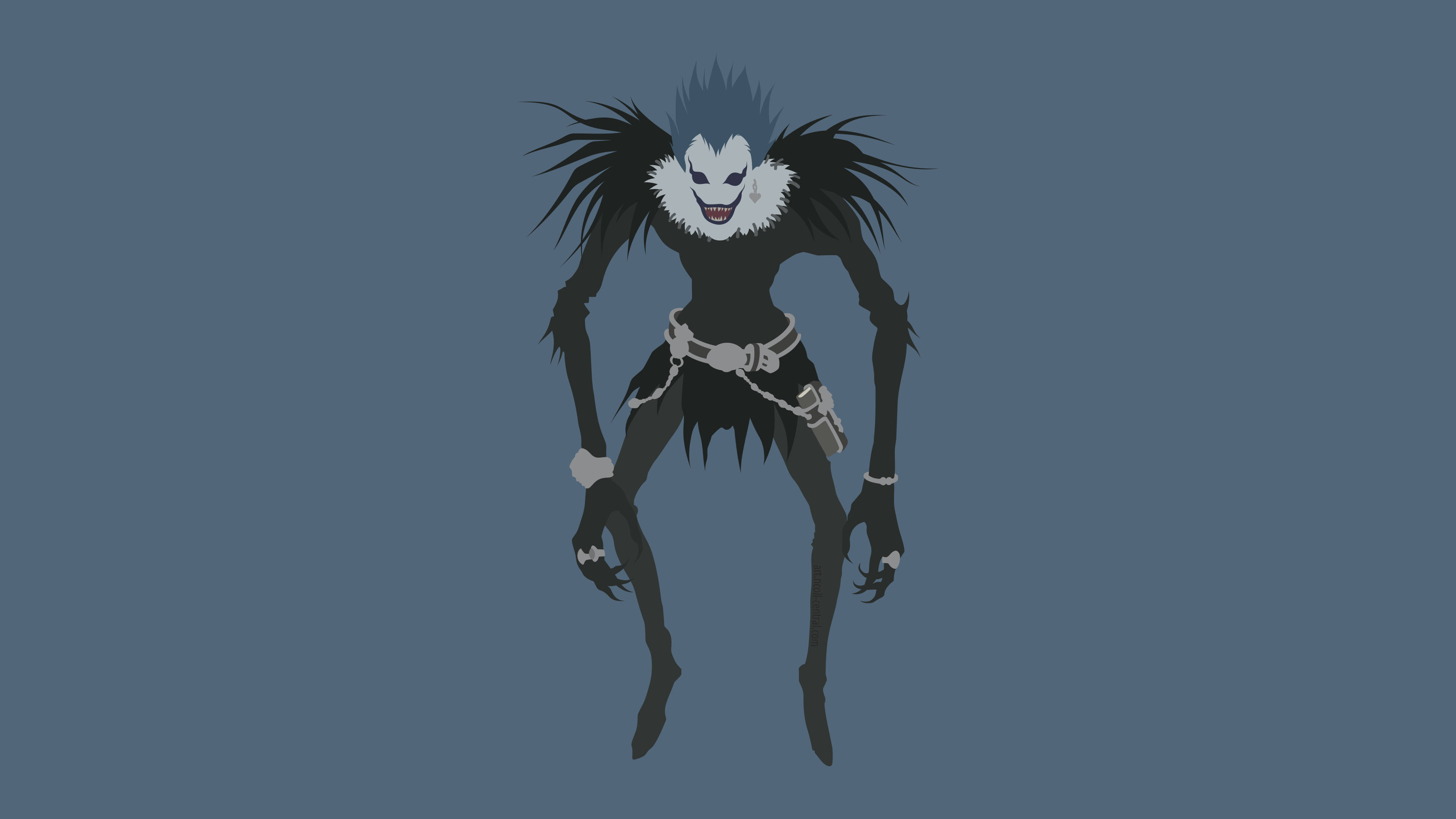 Ryuk 桌布 壁紙 — 一個風格化的動漫角色，擁有尖刺的藍色頭髮和白色荷葉邊領，站在純藍灰色背景前。