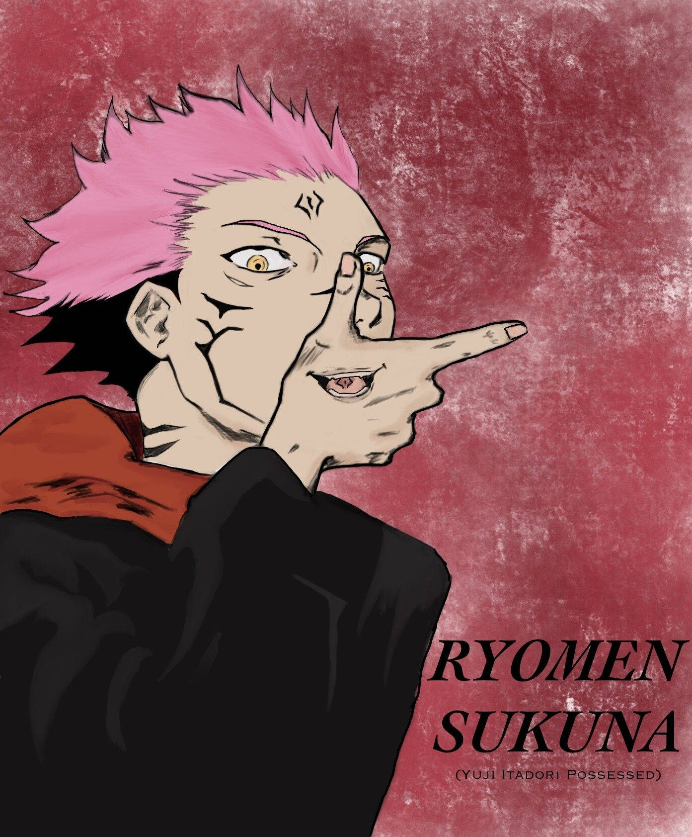 Sukuna 桌布 壁紙 — 一個風格化的動漫角色，擁有尖刺的粉紅色頭髮和頑皮的笑容，在紋理紅色背景上指責性地指著。