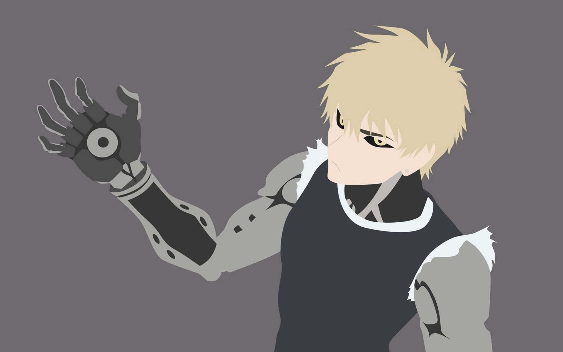 One Punch Man Minimalist 桌布 壁紙 — 一個風格化的動漫角色，擁有尖刺金髮和機械手臂，在純灰色背景上伸出一隻戴手套的手。