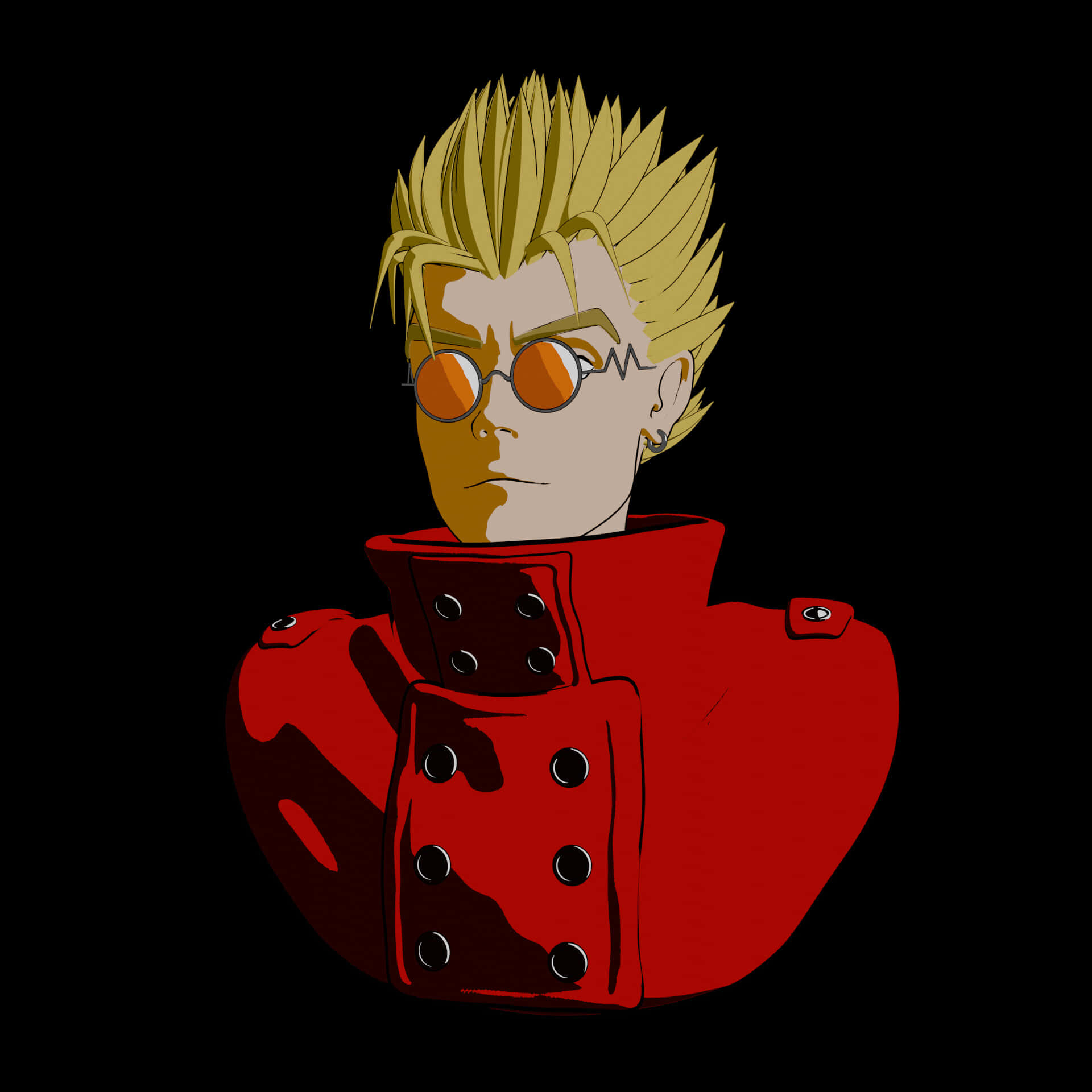 Vash The Stampede 桌布 壁紙 — 一個風格化的動漫角色，擁有尖刺金髮和橙色眼鏡，在黑色背景下穿著一件大膽的紅色外套。