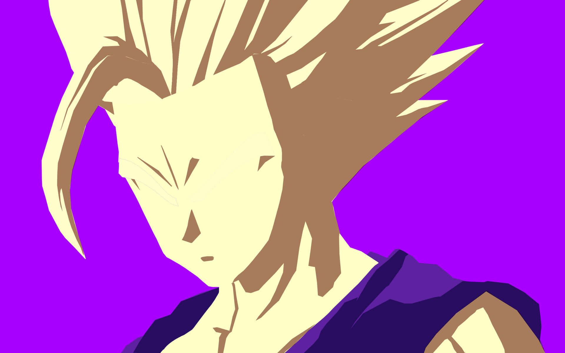 Teen Gohan 桌布 壁紙 — 一個風格化的動漫角色，擁有尖刺金髮和強烈的表情，背景是充滿活力的紫色。