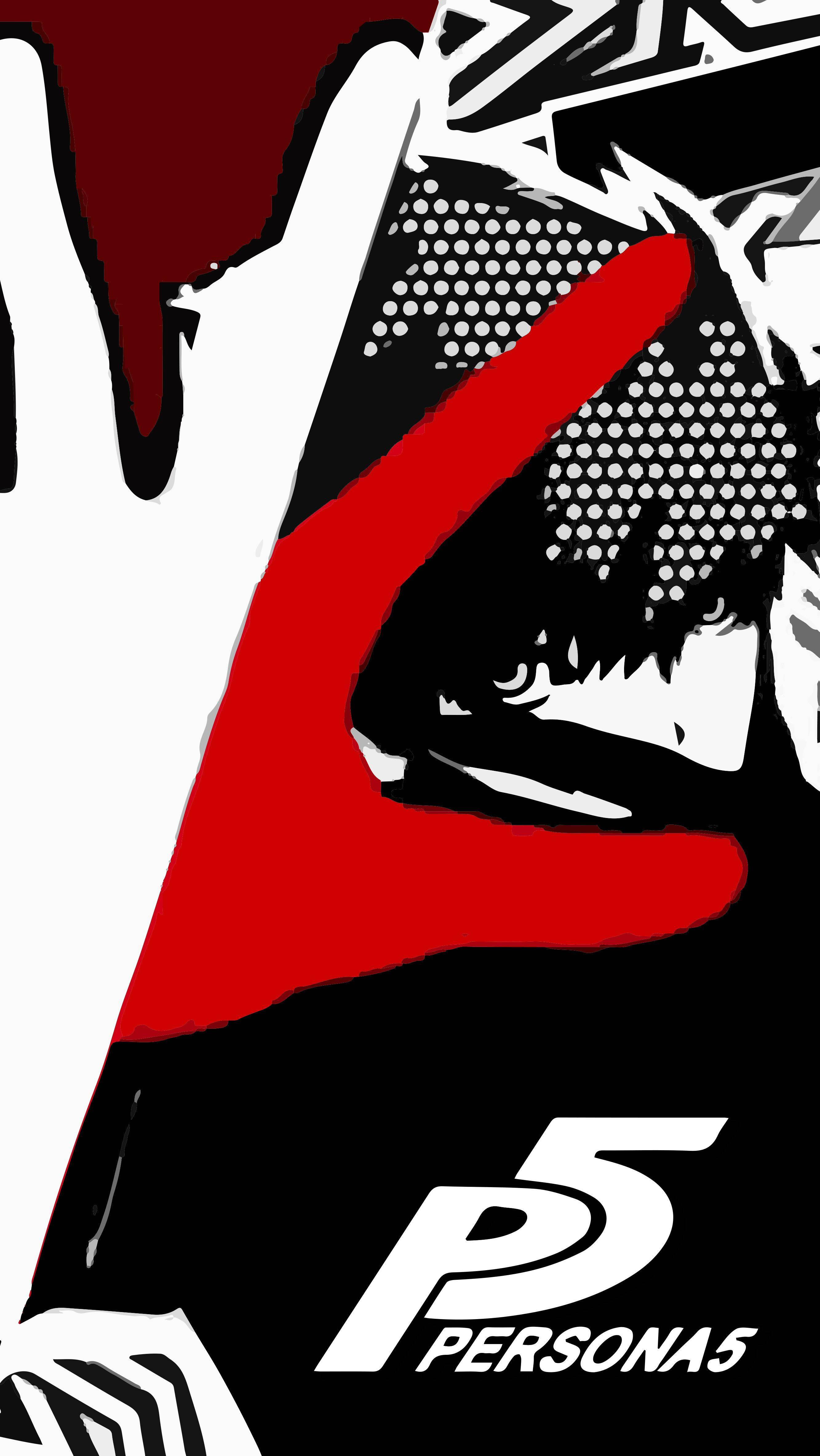Persona 5 Phone 桌布 壁紙 — 一個風格化的動漫角色，擁有尖刺頭髮和紅色手勢，背景為大膽的黑白紅配色，並帶有 Persona 5 標誌。