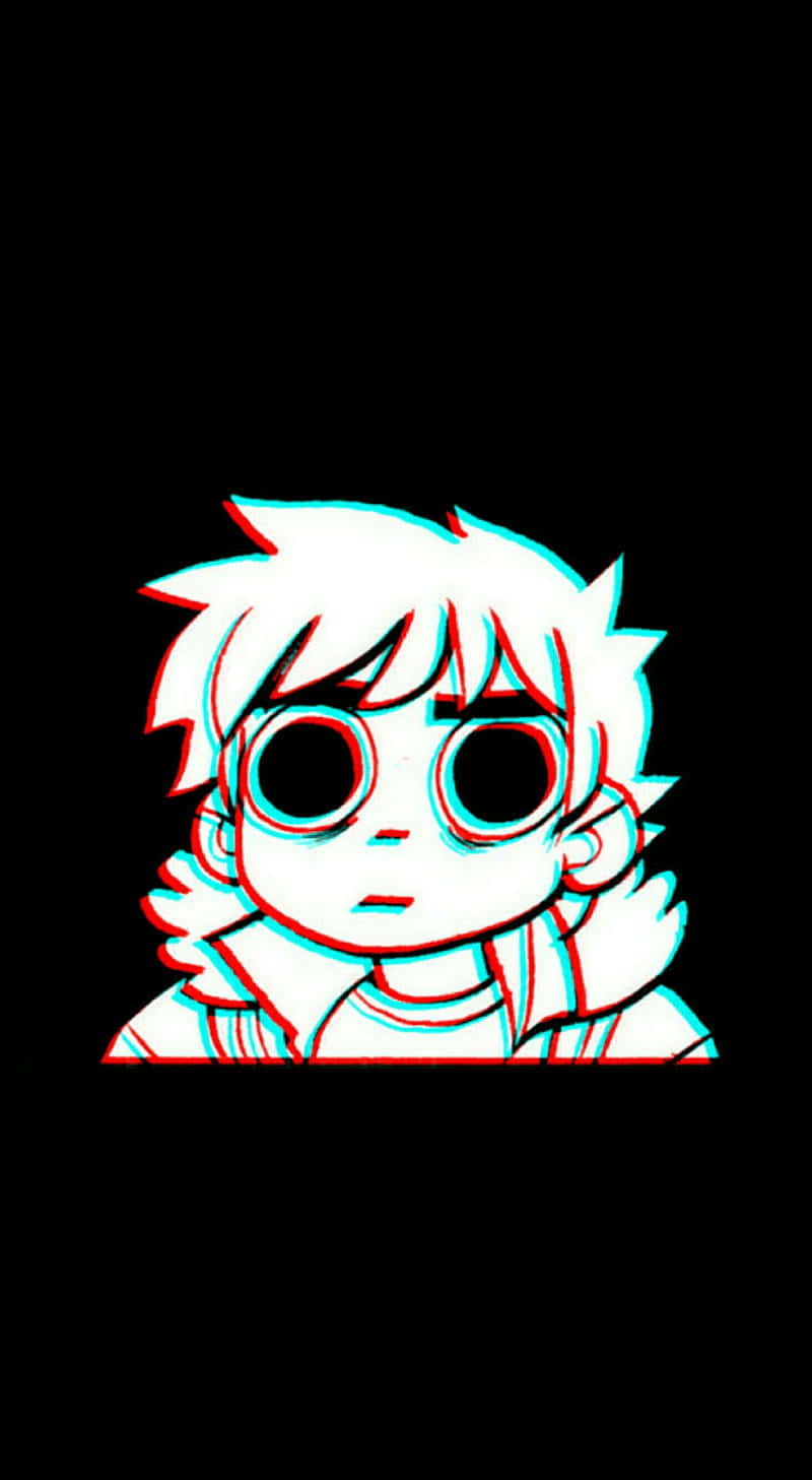 scott pilgrim 桌布 壁紙 — 一個風格化的動漫角色，擁有尖刺頭髮和大眼睛，以紅色和青色3D立體效果呈現在黑色背景上。