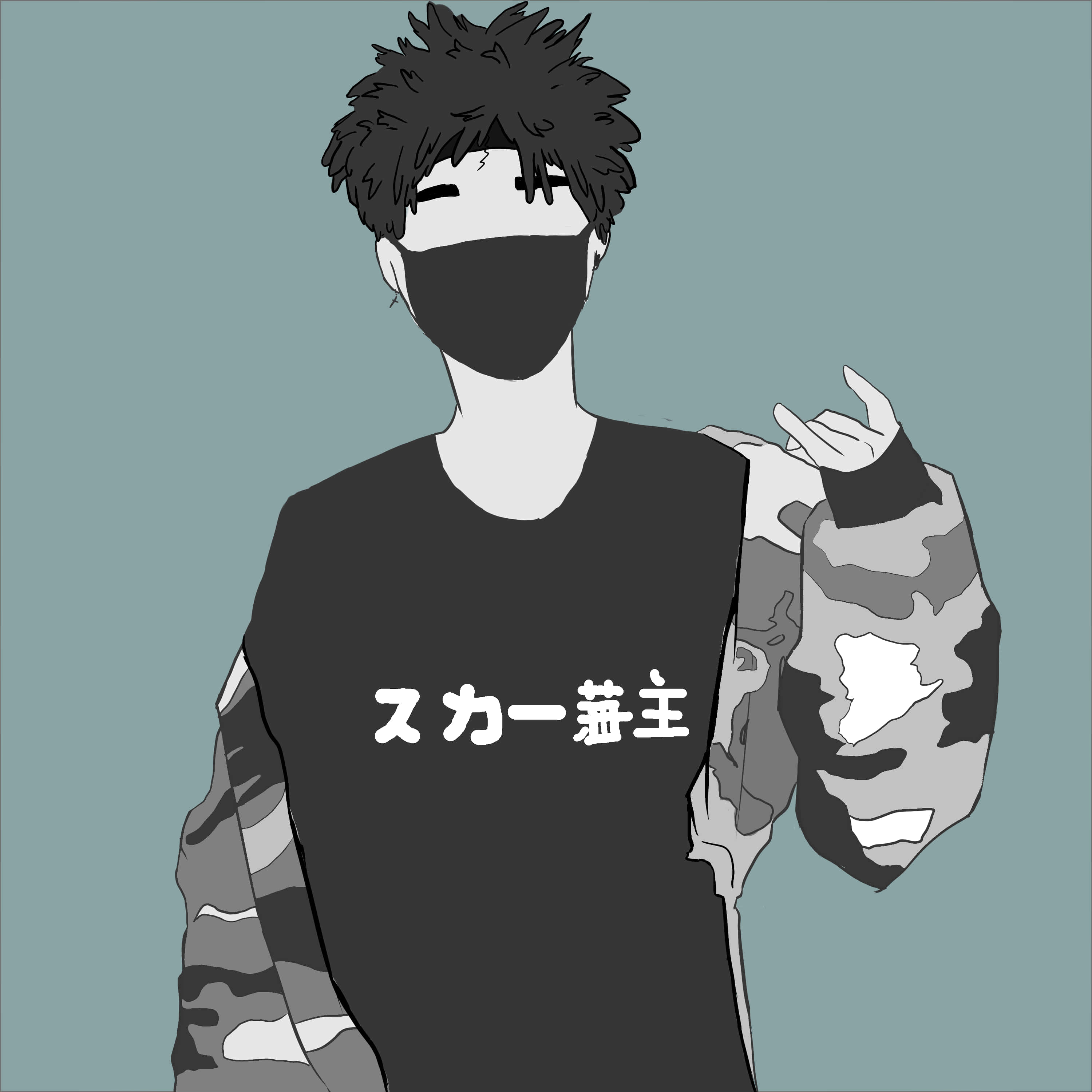 Mask Boy 桌布 壁紙 — 一個風格化的動漫角色，擁有尖刺頭髮和口罩，穿著帶有日文字和迷彩袖的黑色襯衫，背景為柔和的青綠色。