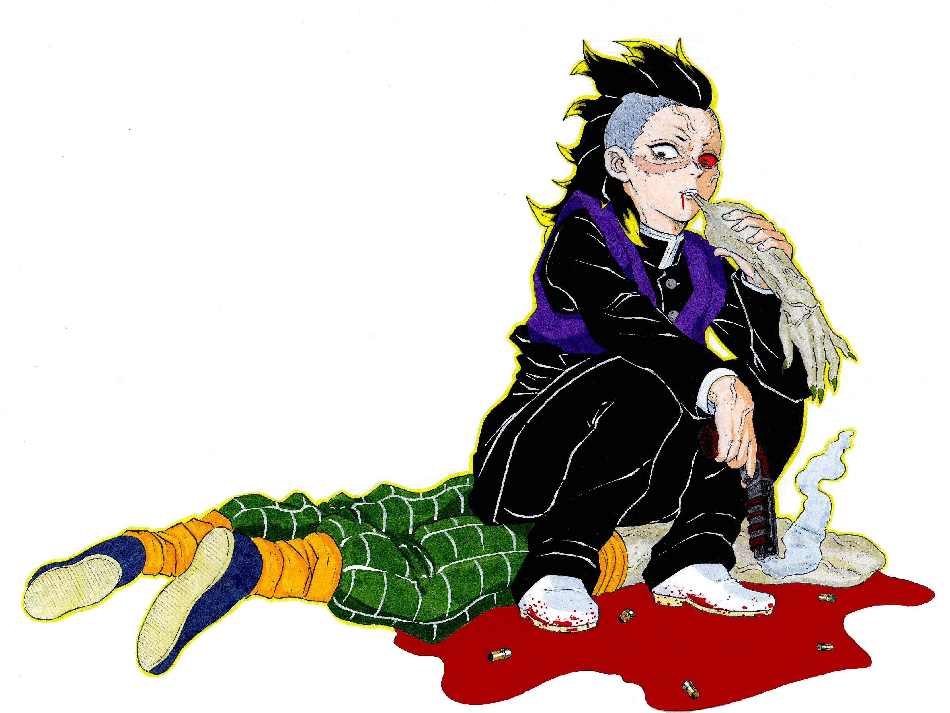 genya 桌布 壁紙 — 一個風格化的動漫角色，擁有尖刺頭髮和紅色眼睛，坐在血跡上，手持一隻斷手。