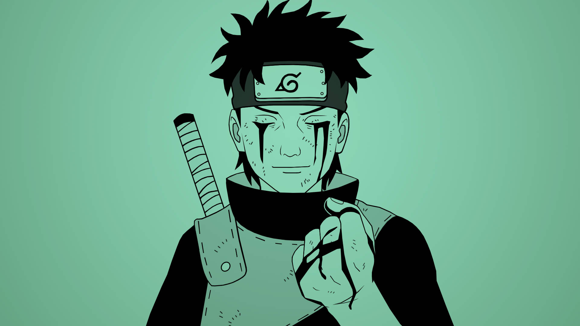 Shisui 桌布 壁紙 — 一個風格化的動漫角色，擁有尖刺頭髮和頭帶，在純色青綠色背景前握著一把苦無刀。