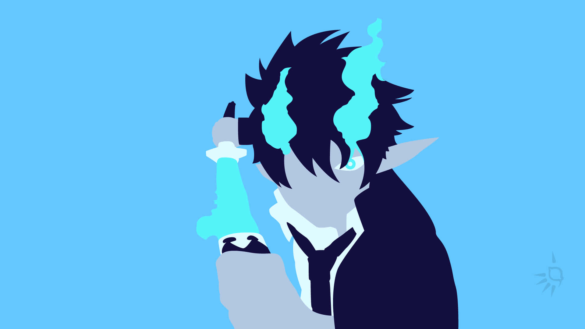 rin okumura 桌布 壁紙 — 一個風格化的動漫角色，擁有尖刺頭髮和發光的藍色能量，在純藍色背景前握著一把發光的劍。