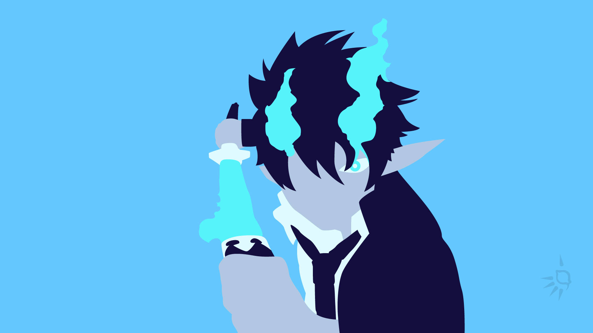 Blue Exorcist 桌布 壁紙 — 一個風格化的動漫角色，擁有尖刺頭髮和發光的藍色能量，在純藍色背景前握著一把發光的劍。