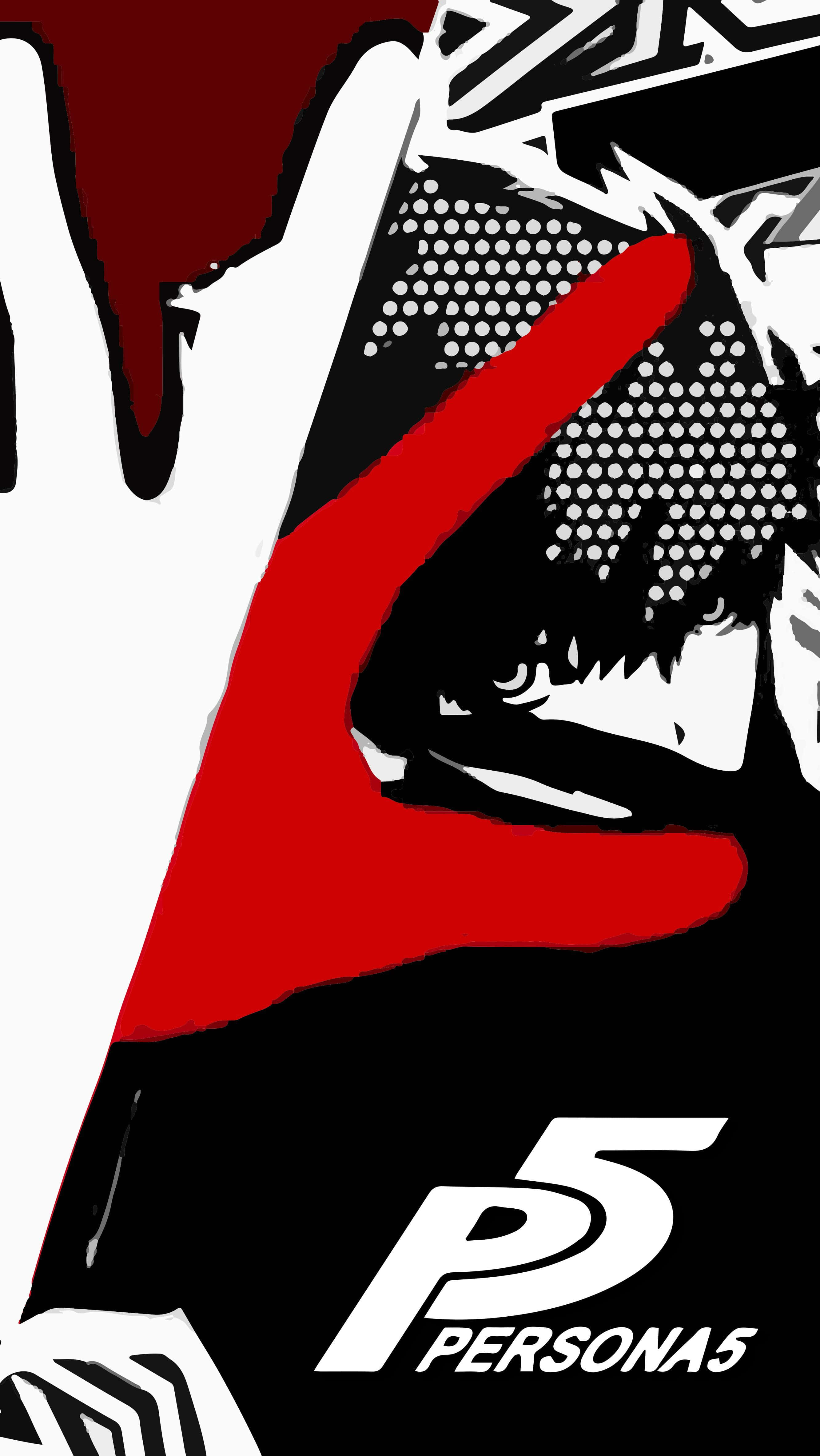 Joker Persona 5 桌布 壁紙 — 一個風格化的動漫角色，擁有尖刺頭髮和紅色手掌，背景為黑白並帶有 Persona 5 標誌。