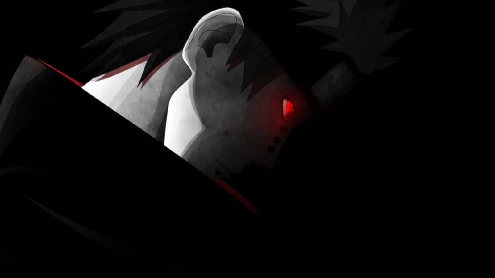 Pain Rinnegan 桌布 壁紙 — 一個風格化的動漫角色，擁有尖刺黑髮和發光的紅色眼睛，在黑暗背景下部分被照亮。