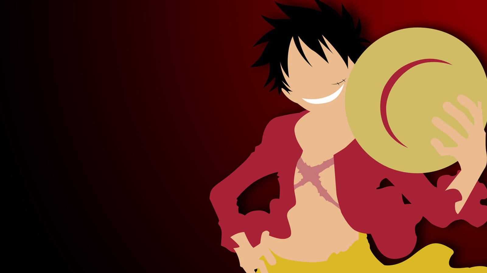 luffy 4K 桌布 壁紙 — 一個風格化的動漫角色，擁有尖刺黑髮和草帽，在深紅色漸變背景前溫暖地微笑。