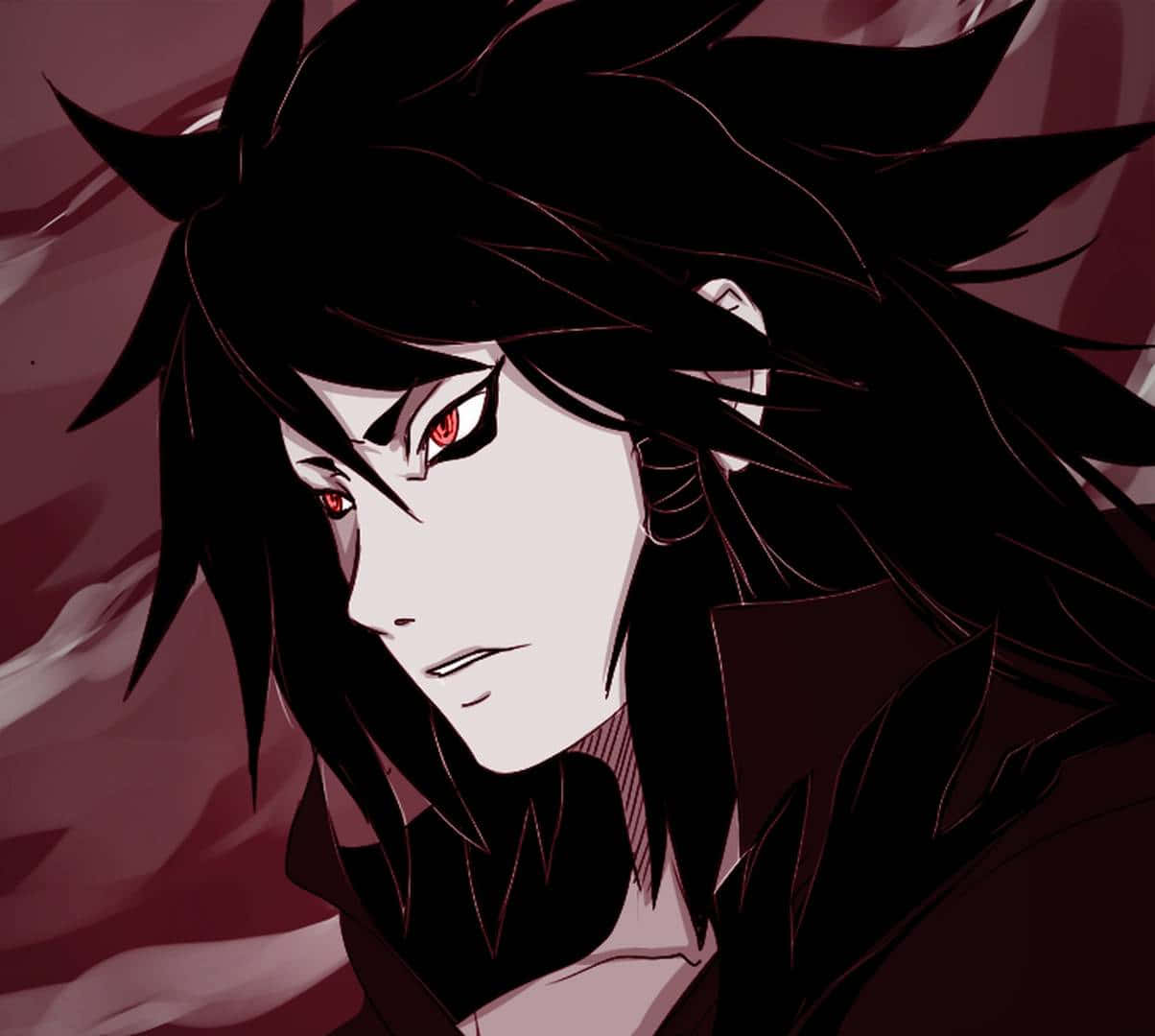 Indra ōtsutsuki 桌布 壁紙 — 一個風格化的動漫角色，擁有尖刺黑髮和發光的紅眼睛，在栗色背景前強烈凝視。