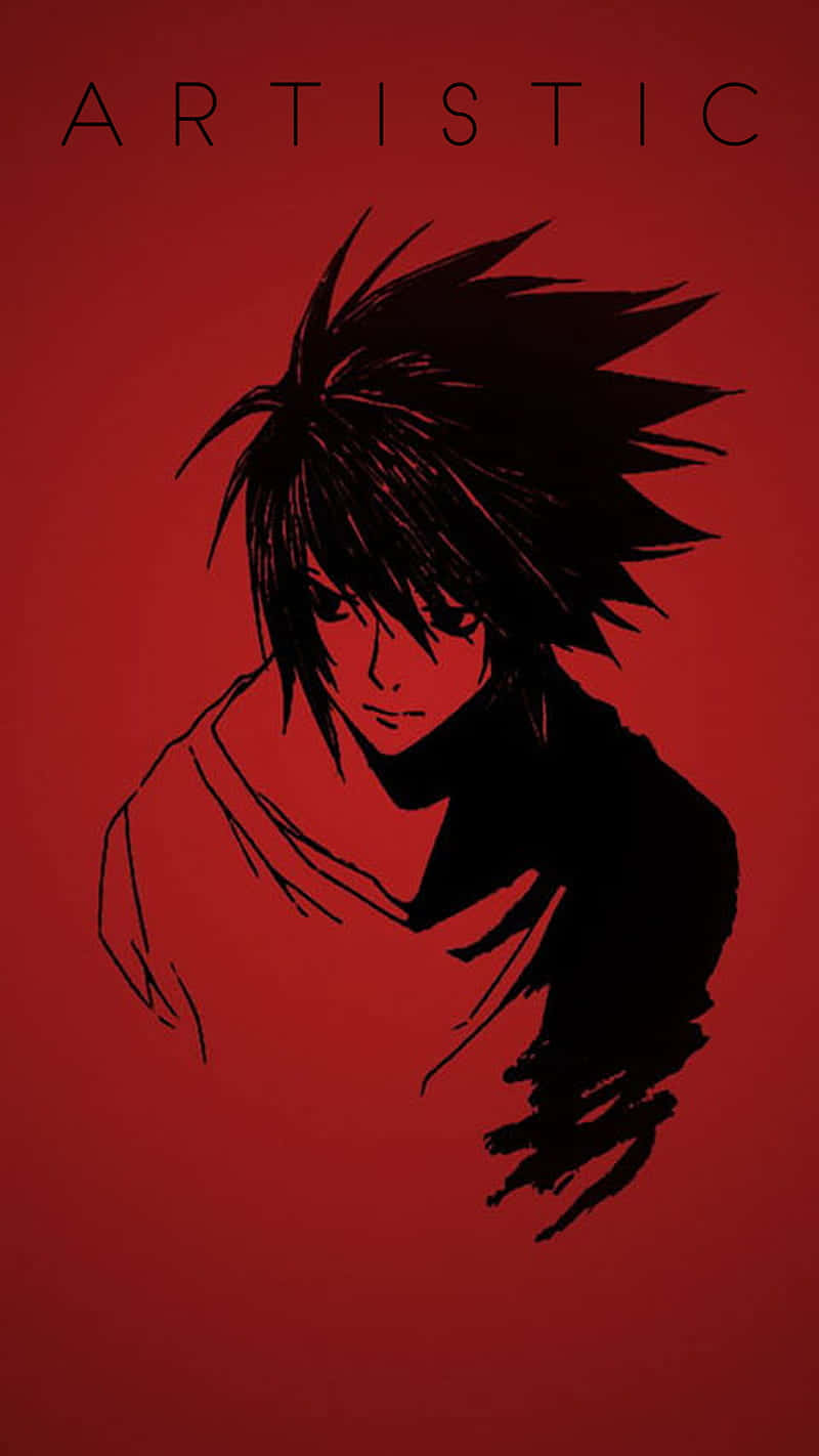 Red And Black Anime 桌布 壁紙 — 一個風格化的動漫角色，擁有尖刺黑髮和銳利眼神，在純紅色背景上脫穎而出。