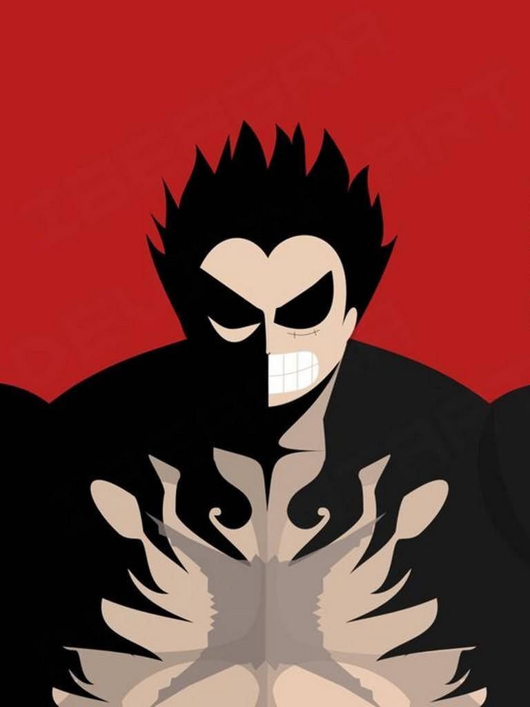 luffy gear 4 桌布 壁紙 — 一個風格化的動漫角色，擁有尖刺黑髮和半臉面具，站在大膽的紅色背景前。