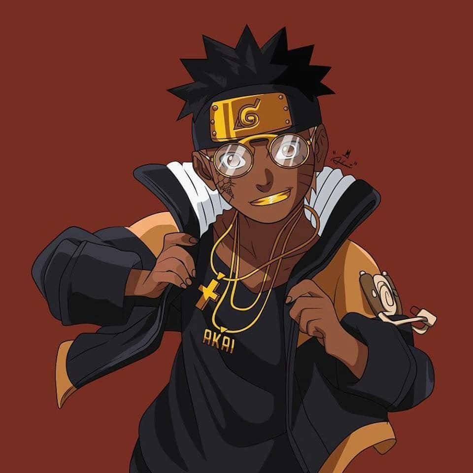 Dope Naruto 桌布 壁紙 — 一個風格化的動漫角色，擁有尖刺黑髮和眼鏡，身穿黑色外套，內搭印有'AKAI'的襯衫，佩戴金色飾品，背景為純紅色。